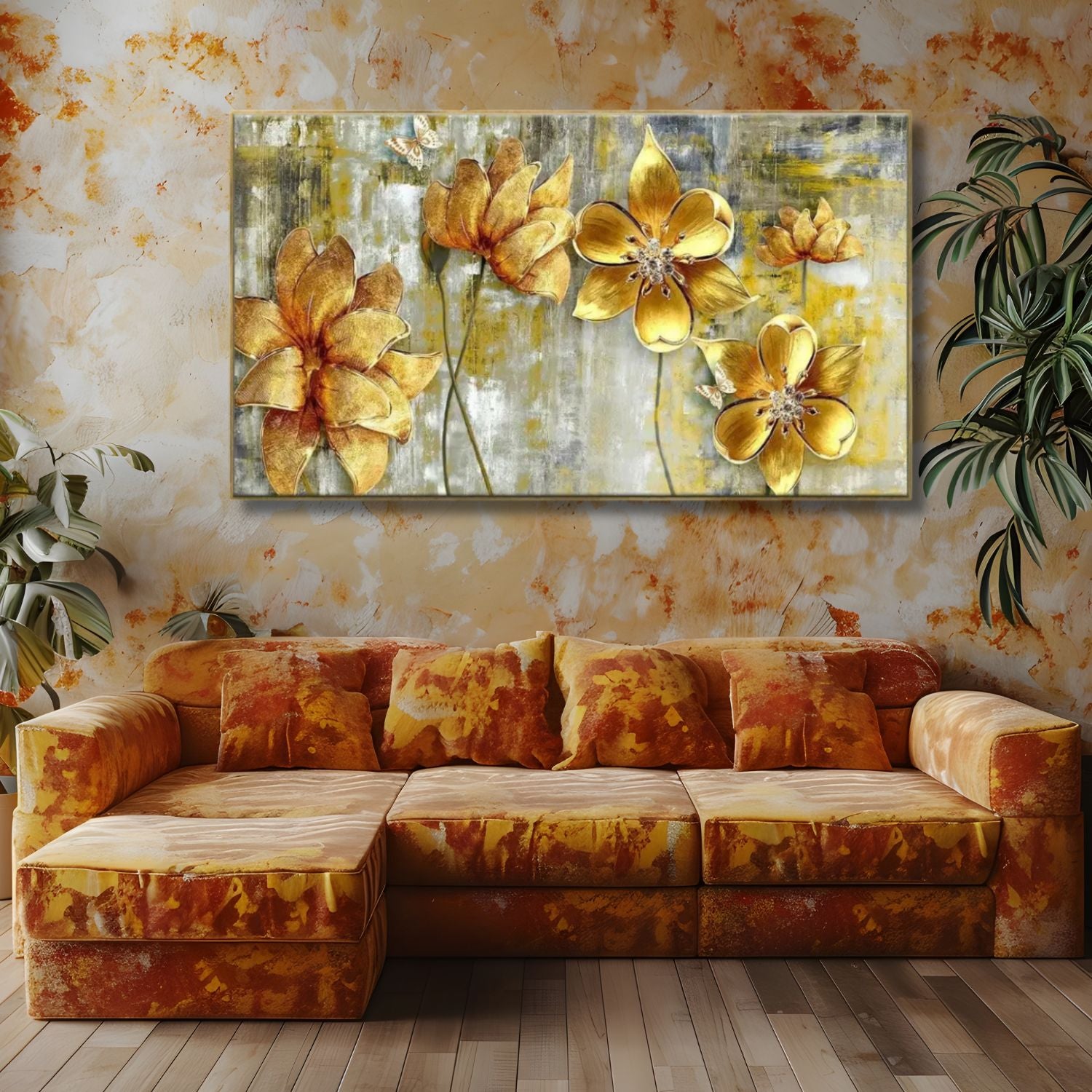 Elegant Golden Floral Canvas Wall Art With Abstract Charm