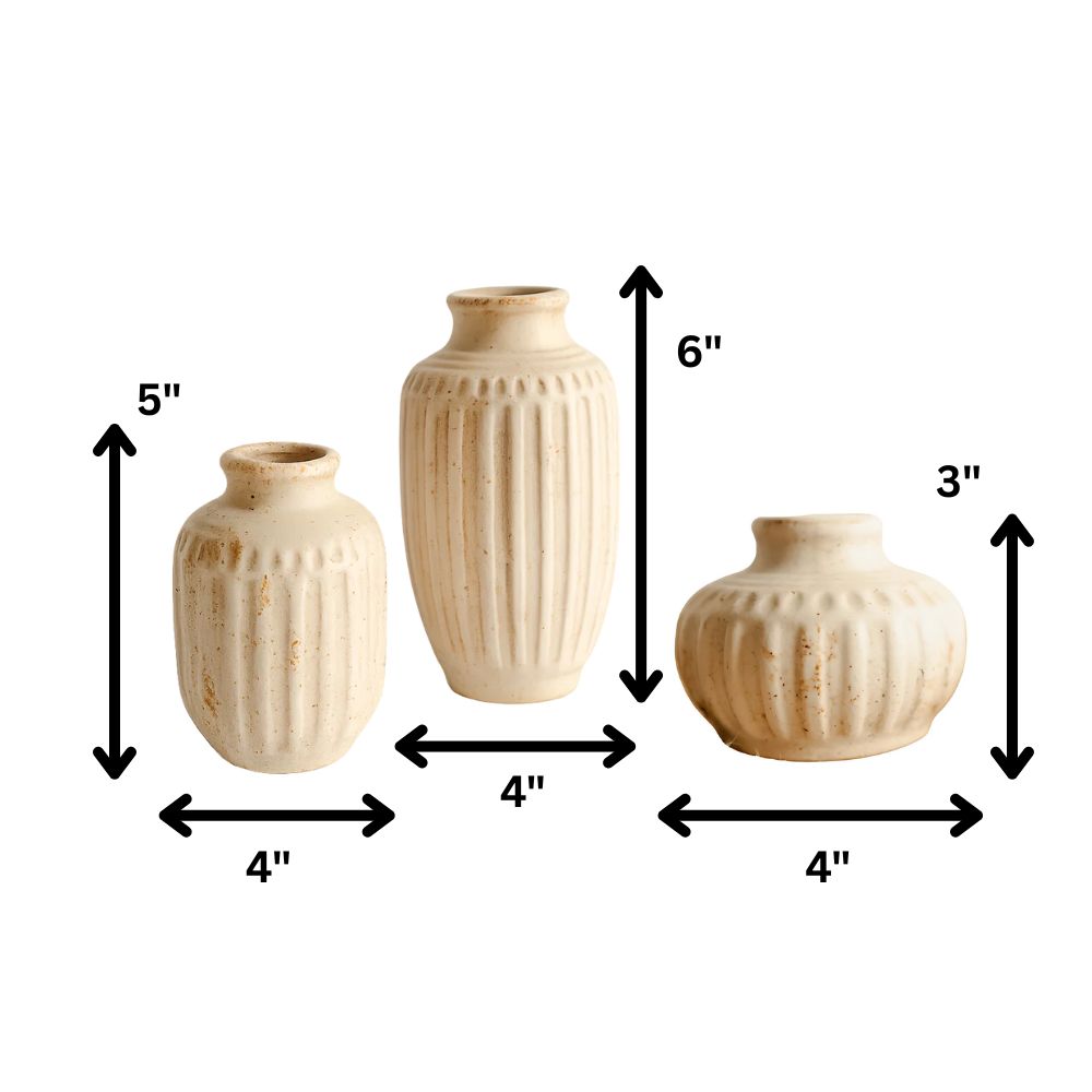 Rustic Handmade Ceramic Pottery Vase Set of 3 With Dried Bunch