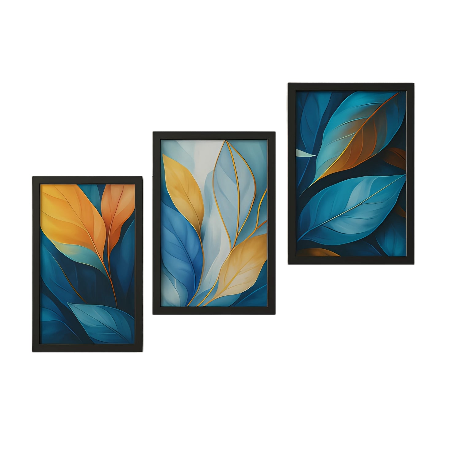 Modern Botanical Leaf Wall Art Set - 3 Framed Blue and Gold Prints