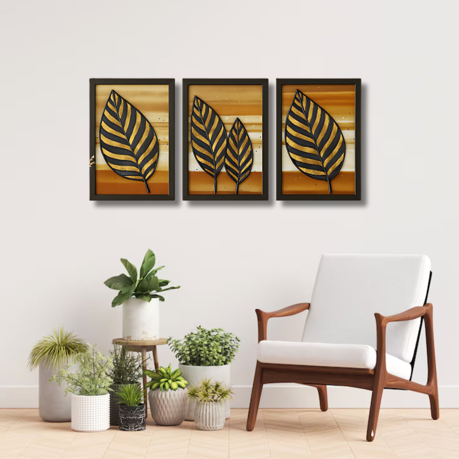 Beautiful Textured Golden Leaf Wall Art Set on Rustic Earth-Tone Canvas