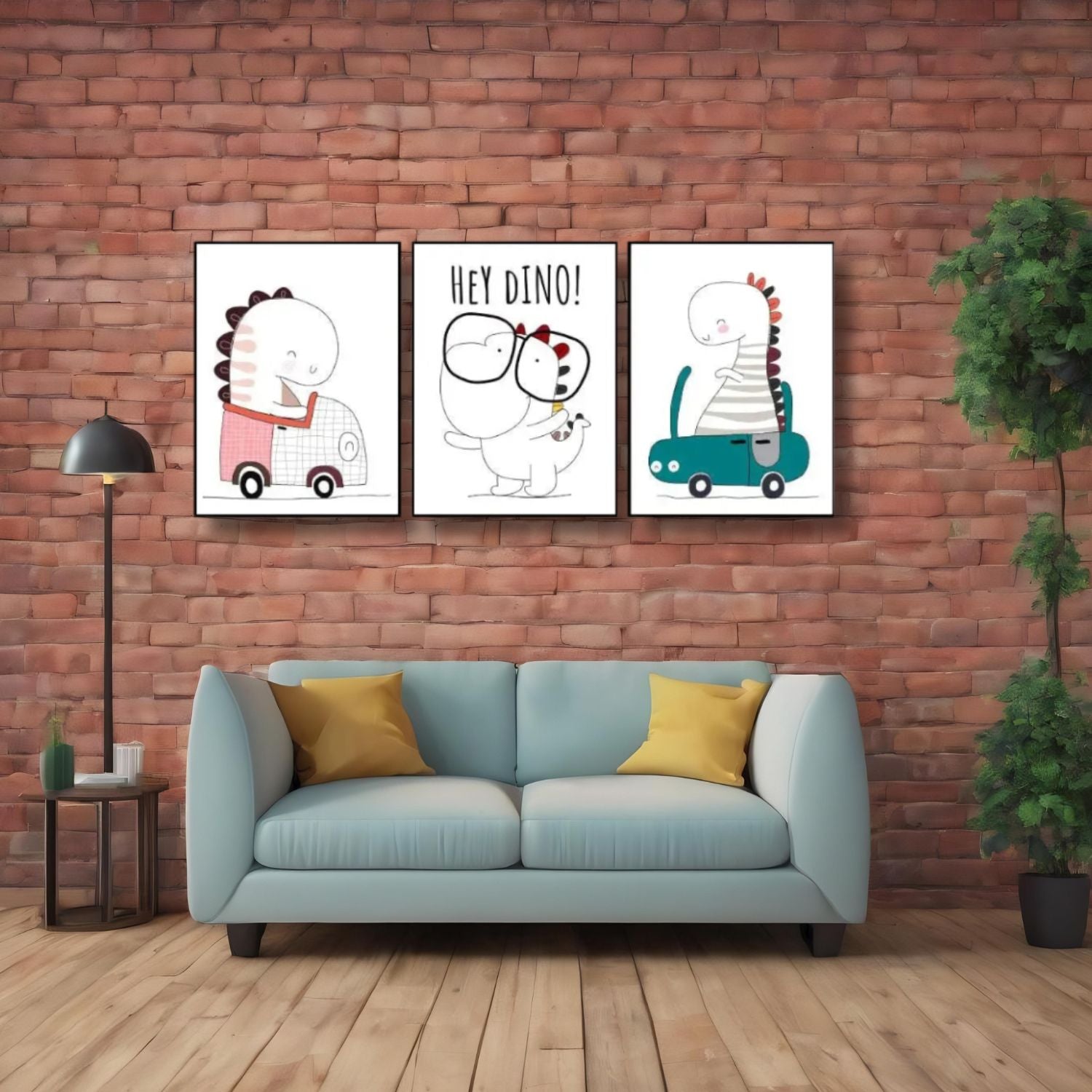 Cute Baby Dinosaur Nursery Wall Art - Set of 3 Framed Prints For Kids Room