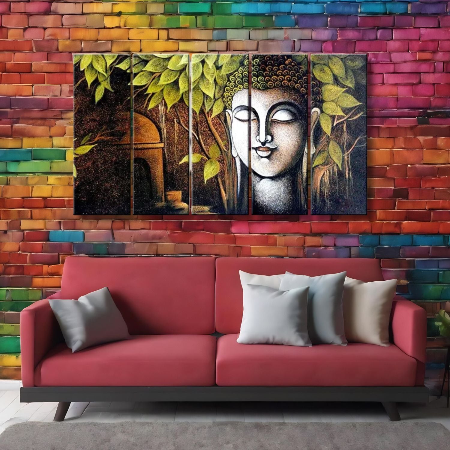 Gautam Buddha Serenity Under Tree 5-Panel Canvas Wall Art