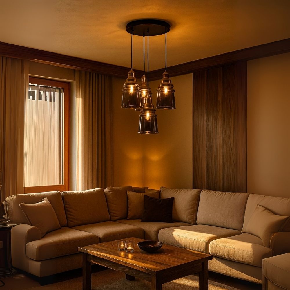 Luxury 4-Light Ceiling Pendant - Antique Gold With Smoke Grey/Amber Glass Chandelier