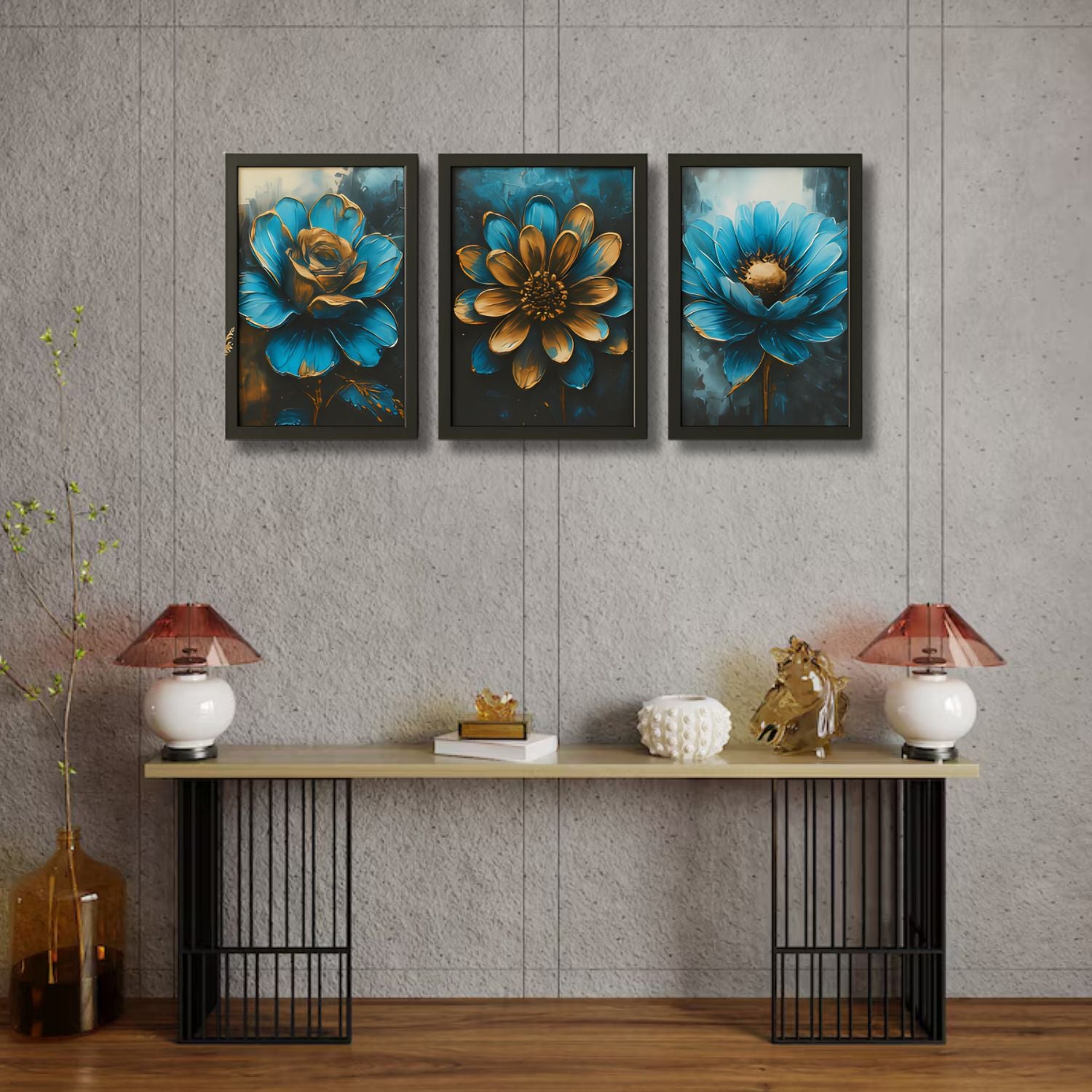 Beautiful Modern Bold Blue and Gold Floral Canvas Wall Art Set of 3