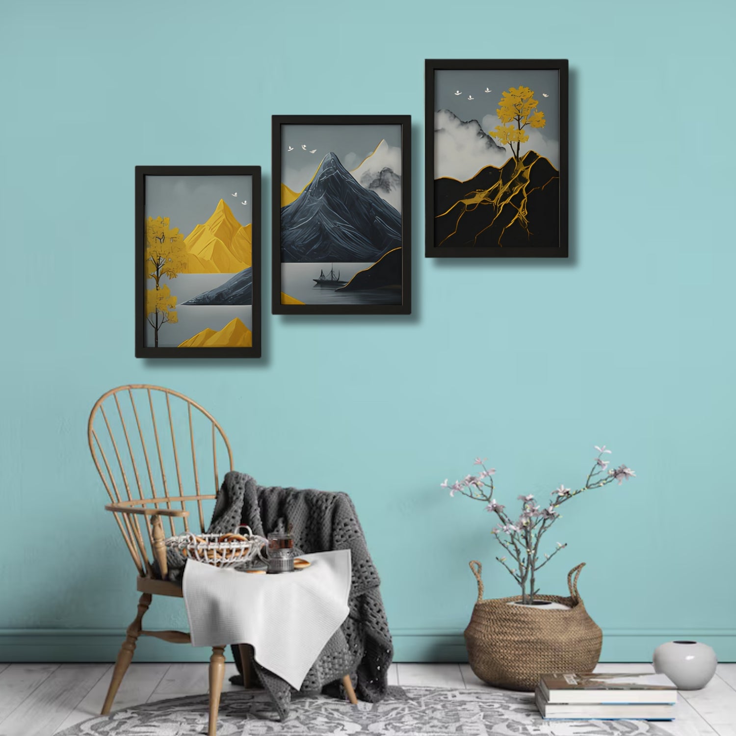 Abstract Golden Mountain Landscape Wall Art Set - 3 Framed Nature-Inspired Prints