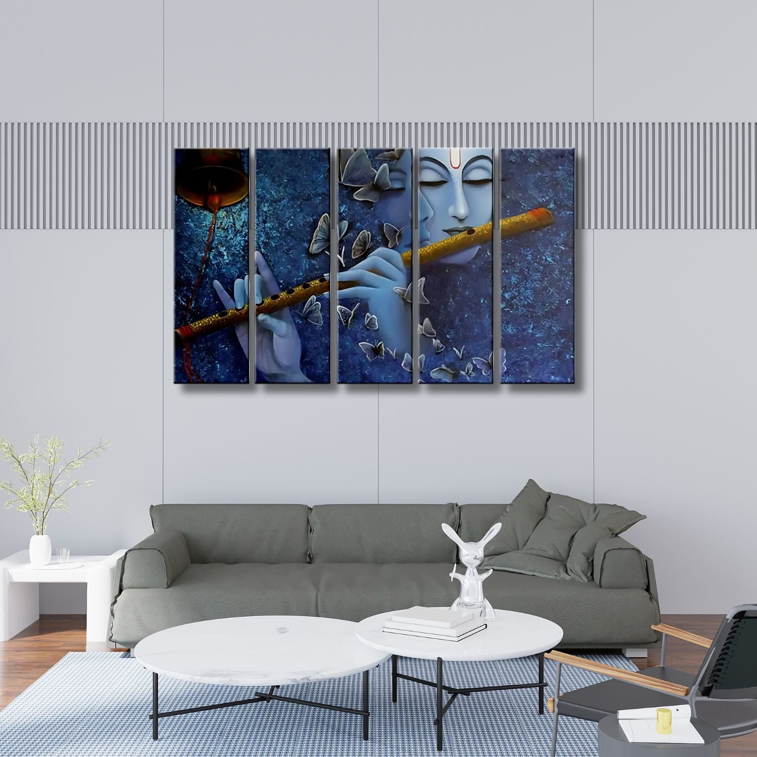 Lord Krishna Flute Playing Canvas Painting With Butterfly Design