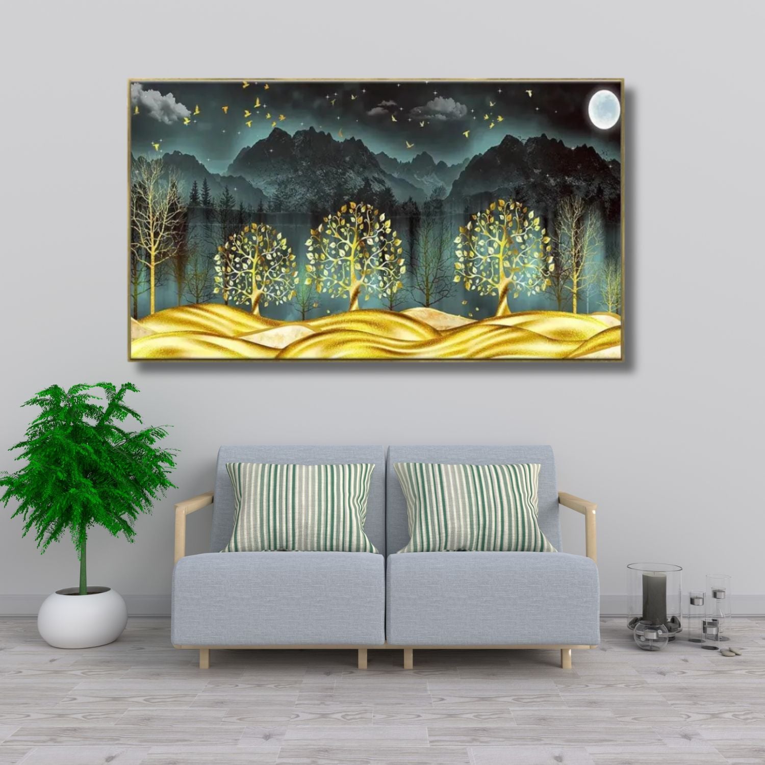 Golden Trees Under Moonlit Mountains Scenic Canvas Wall Art