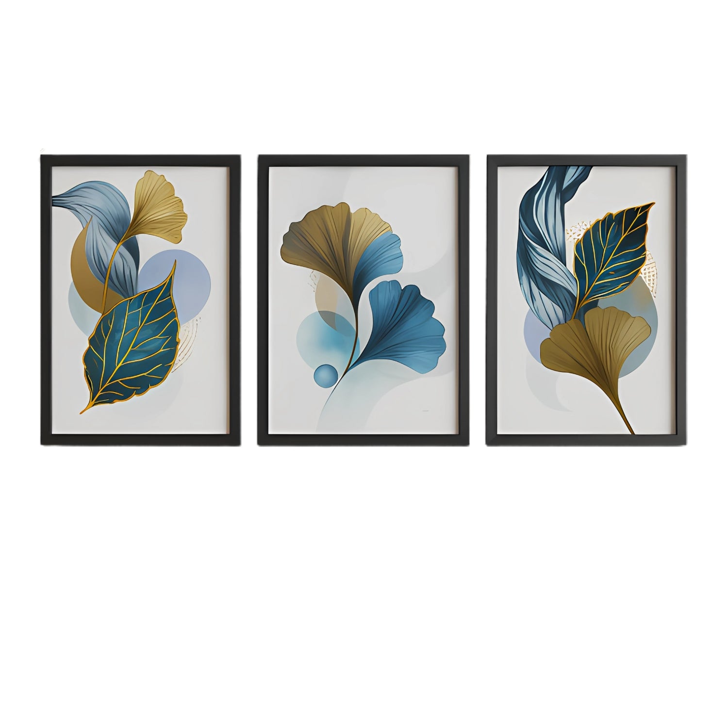 Modern Blue and Gold Abstract Leaf Canvas Wall Art Set