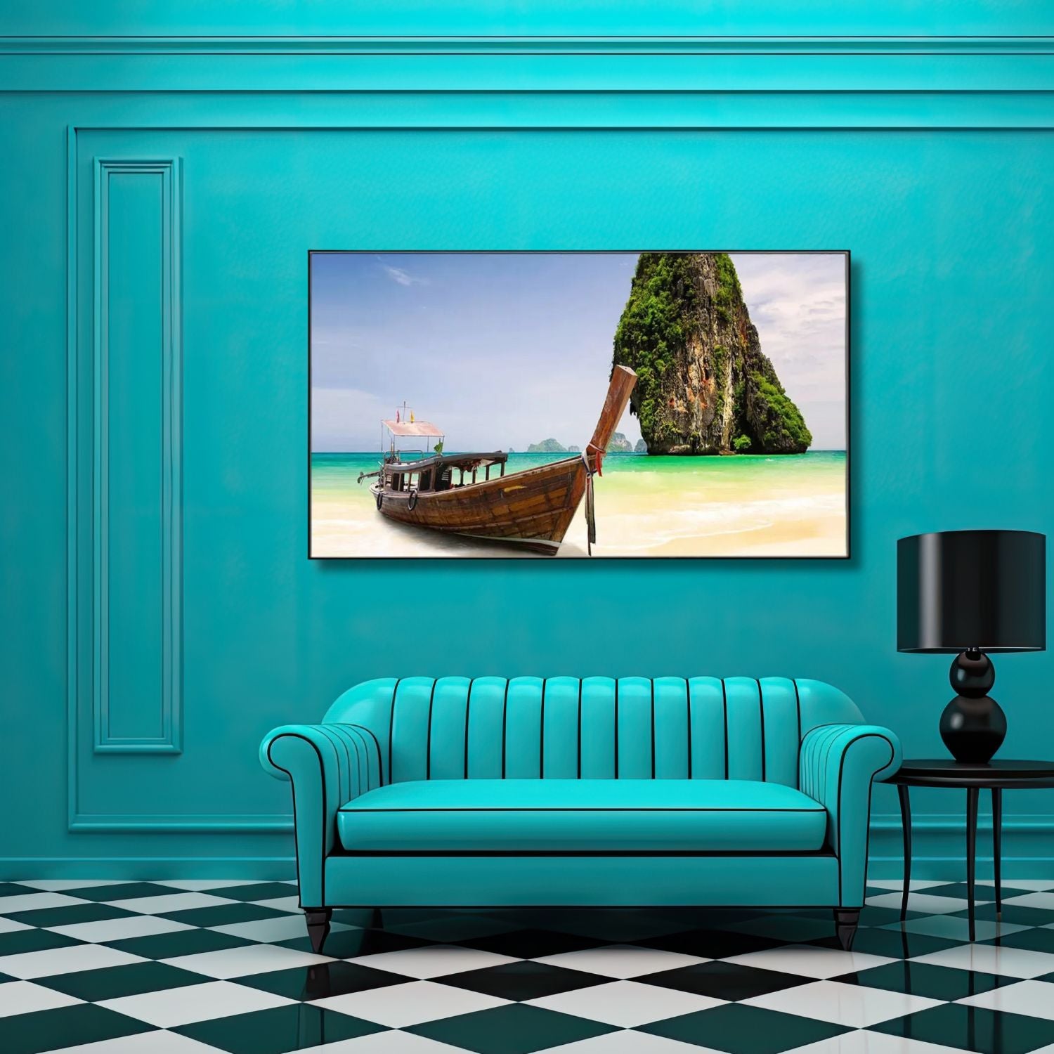 Tropical Beach Canvas Art With Wooden Boat and Island View