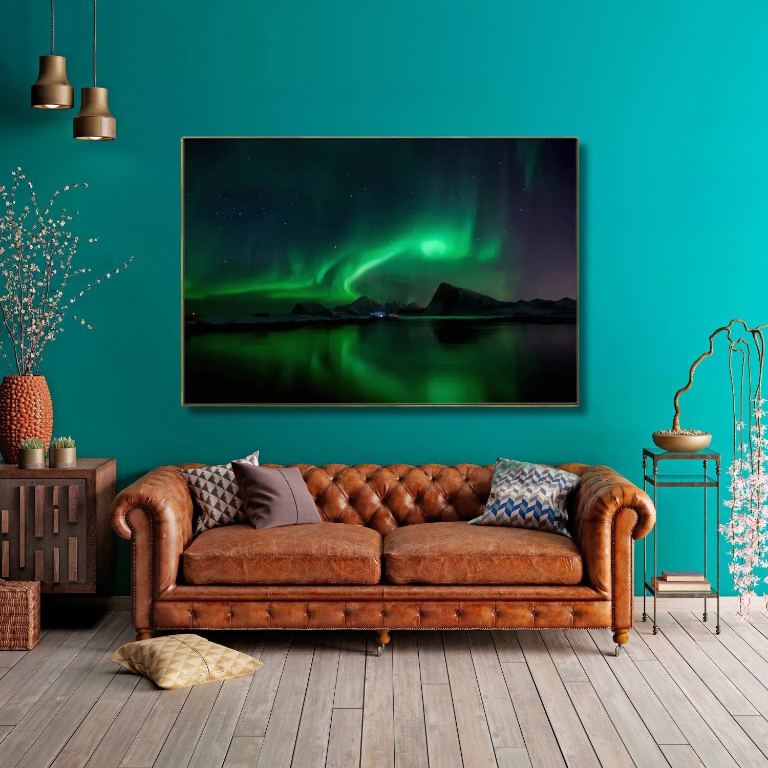 Abstract Northern Lights Over Lofoten Islands Framed Canvas Wall Art