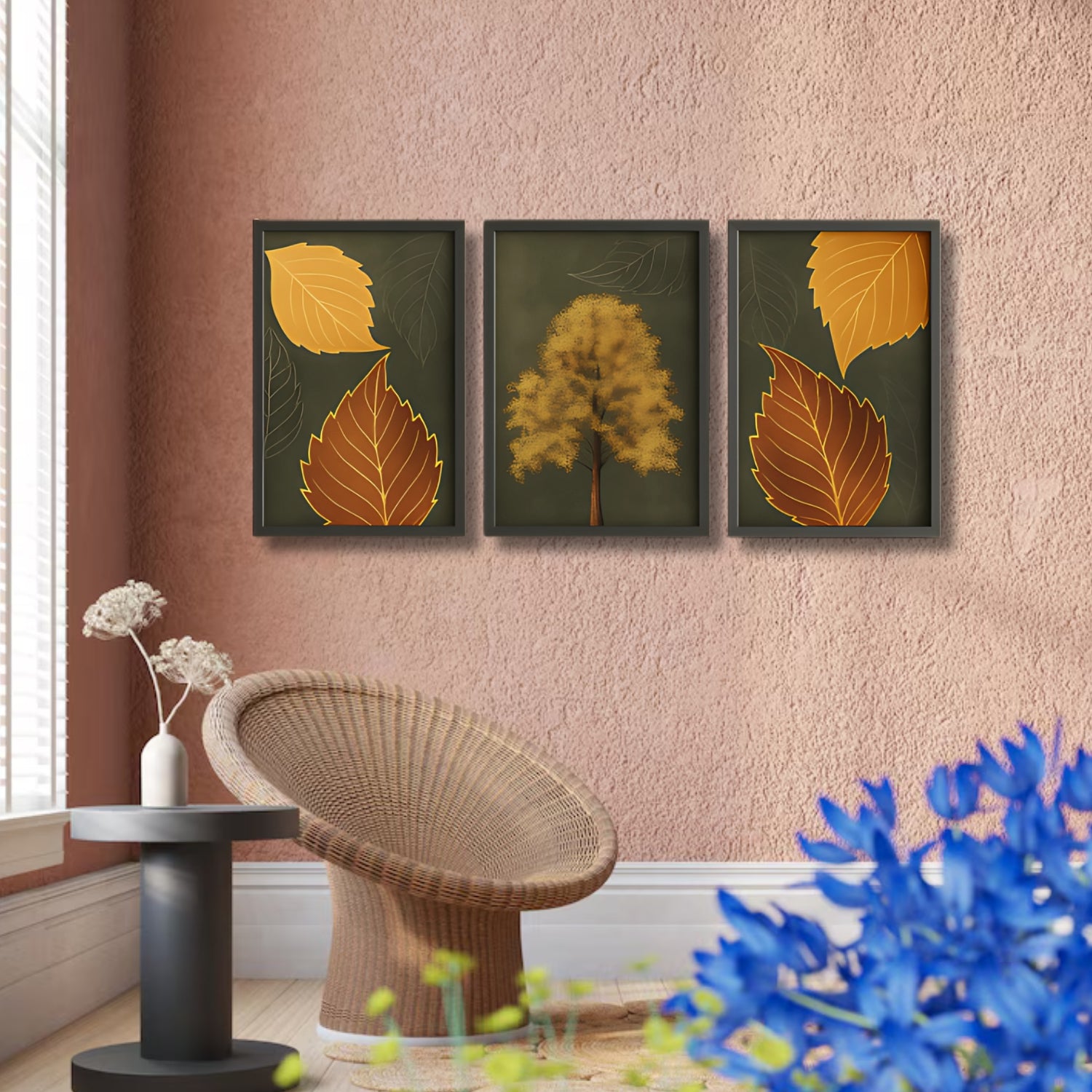 Autumn Golden Leaf Wall Art Set - 3 Framed Botanical Nature Prints