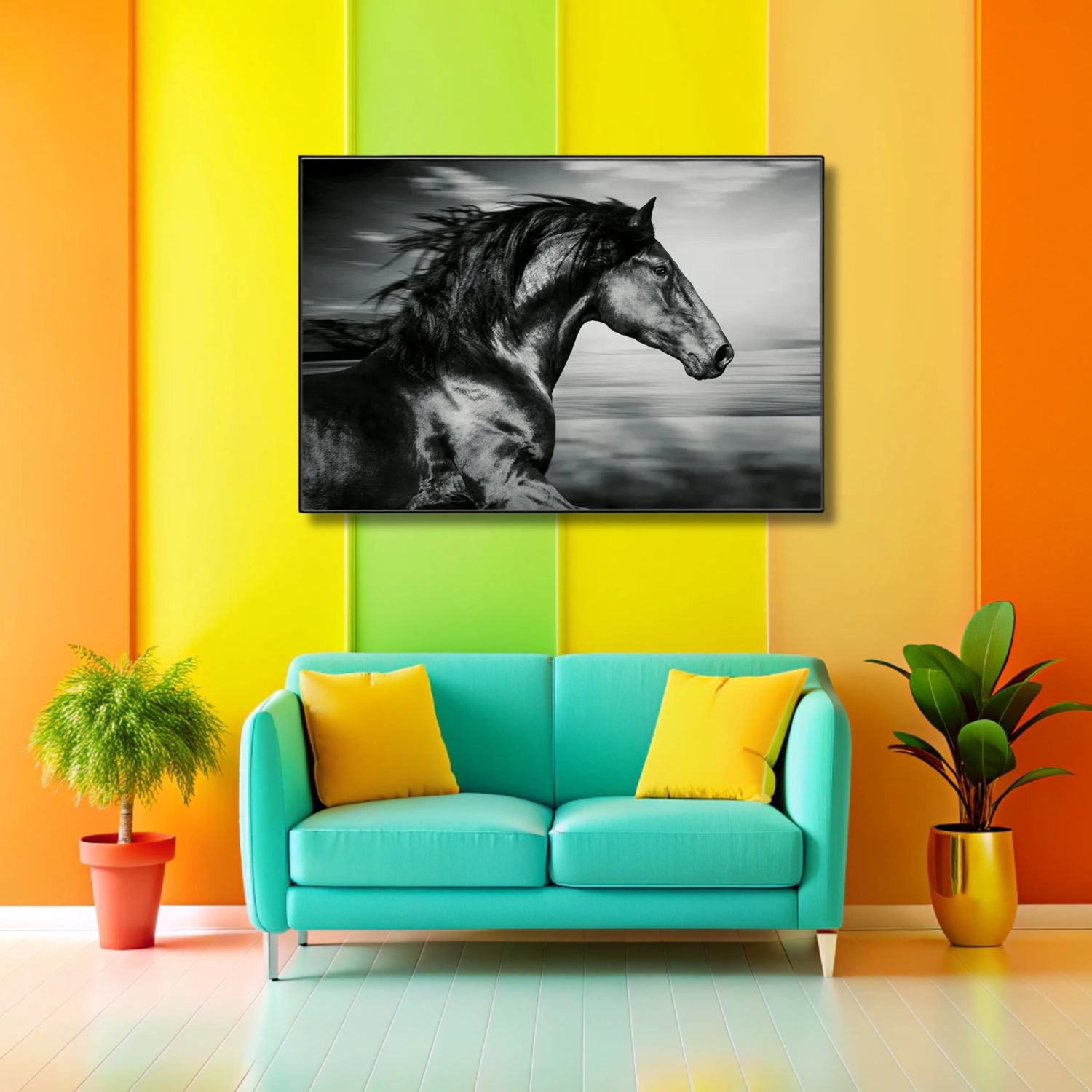 Black Stallion Running Wall Art With Bold Monochrome Canvas Print