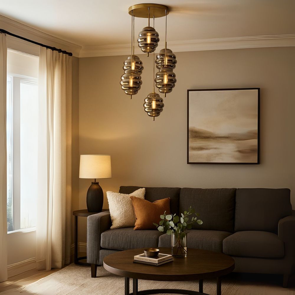 Elegant Modern Ceiling Light - Antique Gold With Amber/Smoke Grey Glass Chandelier