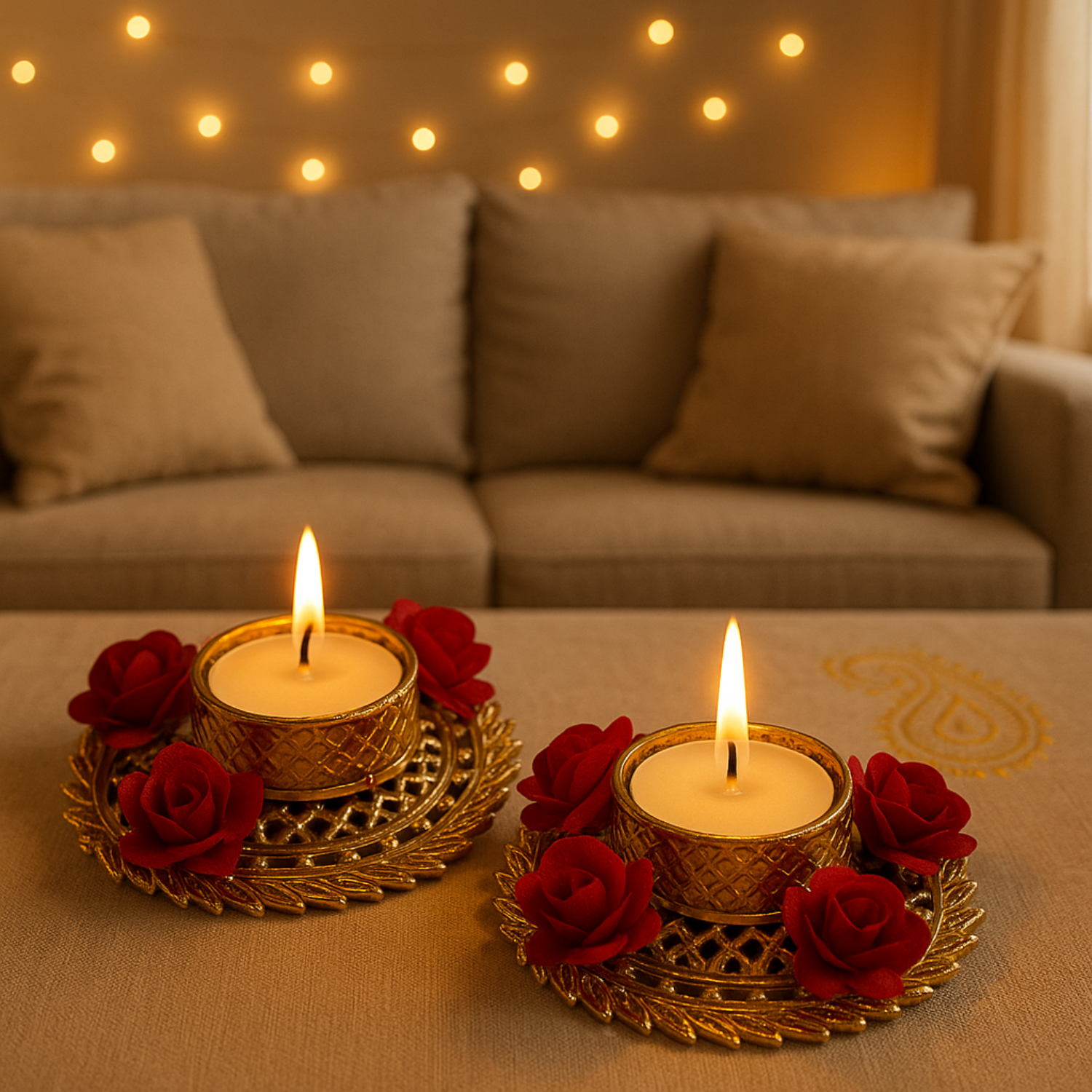 Decorative Golden Tealight Candle Holders with Red Roses – Set of 2 | Elegant Diyas for Diwali, Weddings & Home Décor