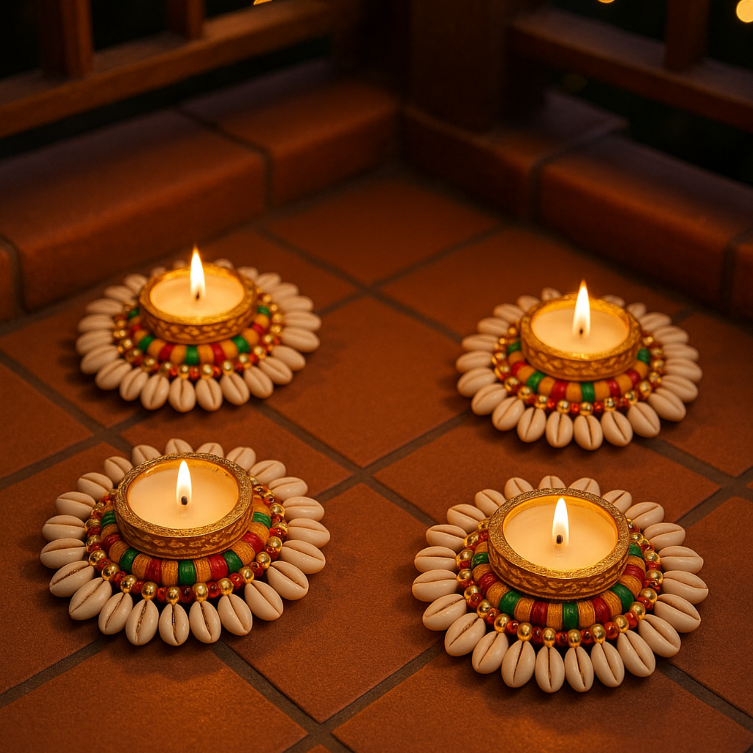 Handcrafted Multicolor Cowrie Shell Tealight Candle Holders – Set of 4 | Traditional Decorative Diyas for Diwali & Home Décor