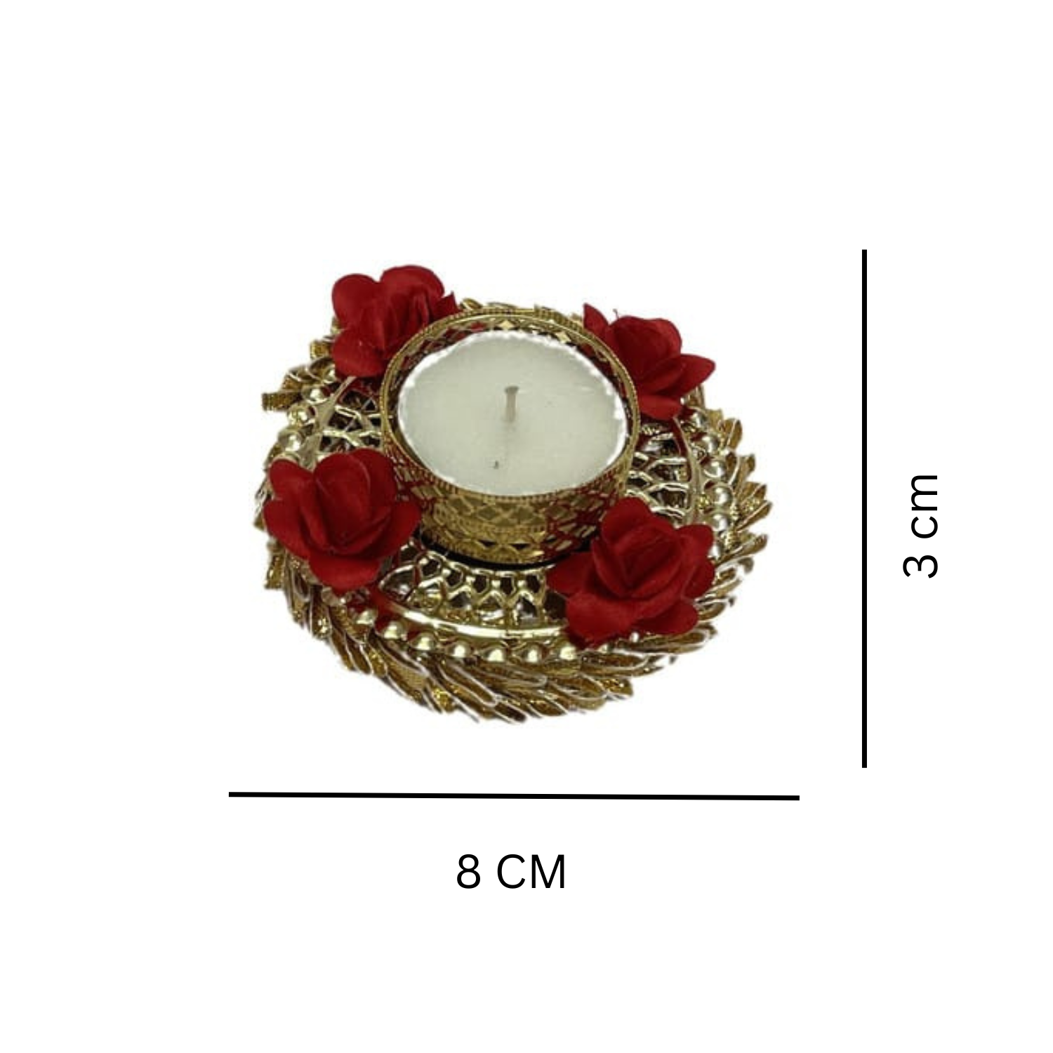 Decorative Golden Tealight Candle Holders with Red Roses – Set of 2 | Elegant Diyas for Diwali, Weddings & Home Décor