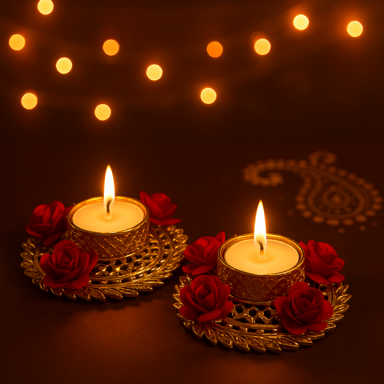 Decorative Golden Tealight Candle Holders with Red Roses – Set of 2 | Elegant Diyas for Diwali, Weddings & Home Décor