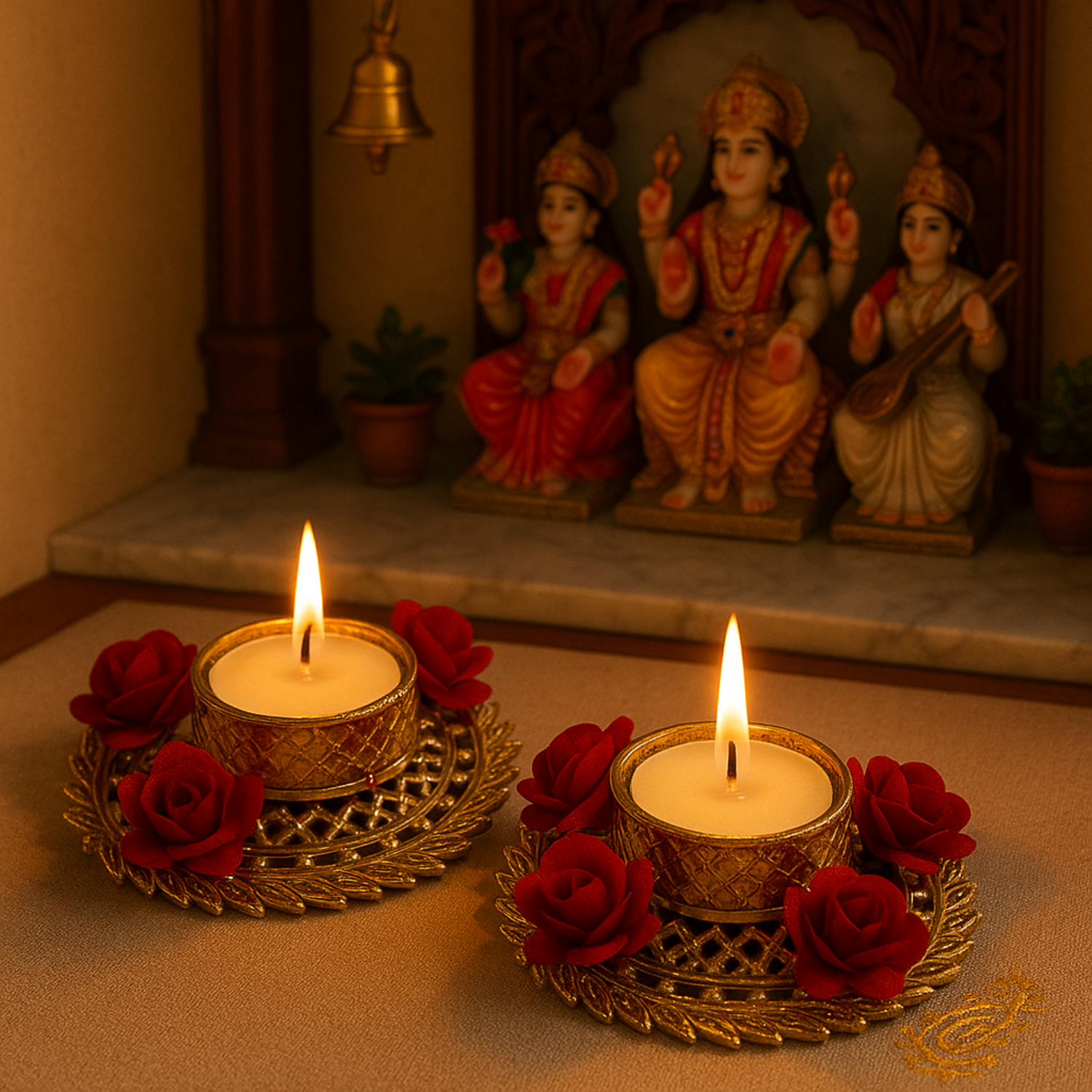 Decorative Golden Tealight Candle Holders with Red Roses – Set of 2 | Elegant Diyas for Diwali, Weddings & Home Décor