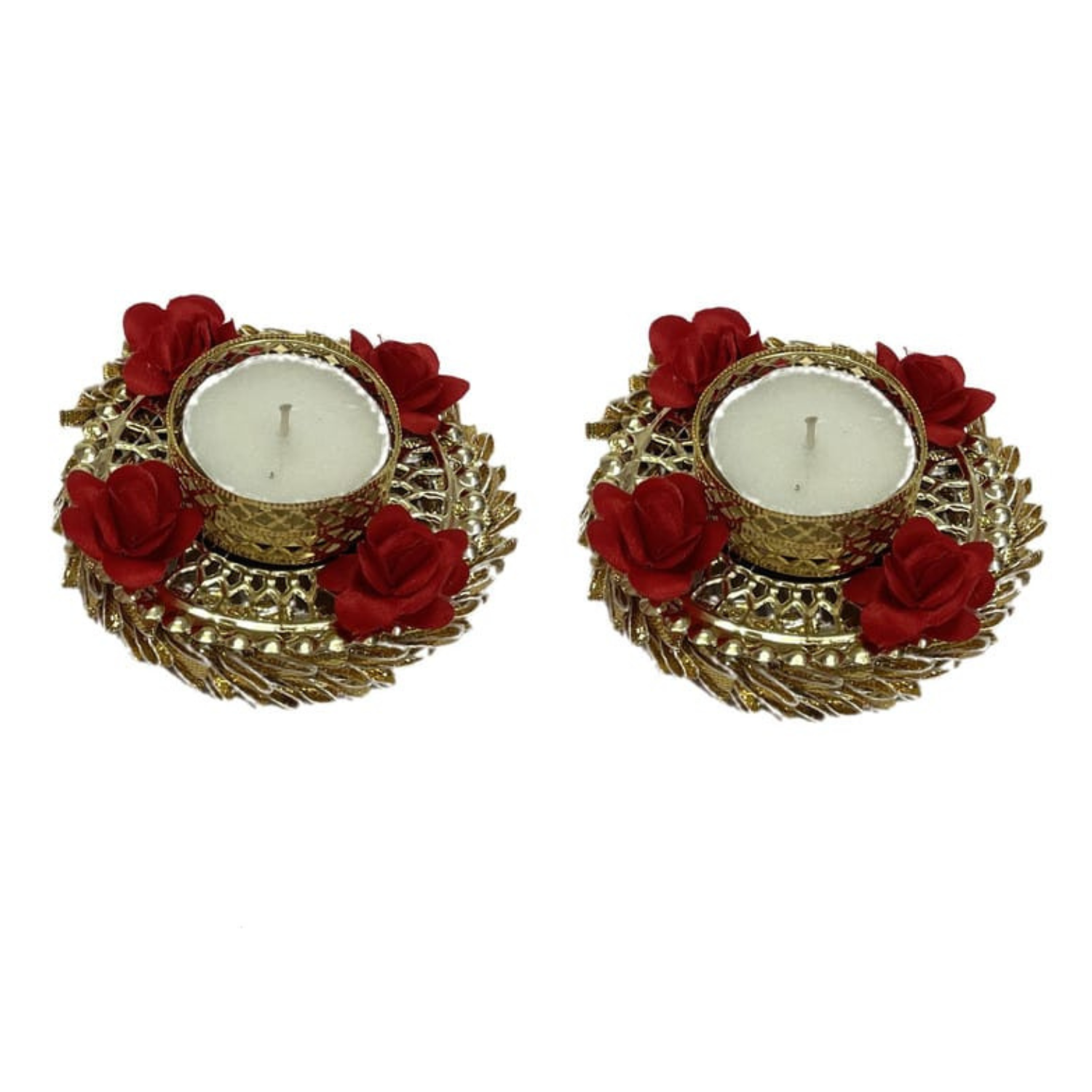 Decorative Golden Tealight Candle Holders with Red Roses – Set of 2 | Elegant Diyas for Diwali, Weddings & Home Décor
