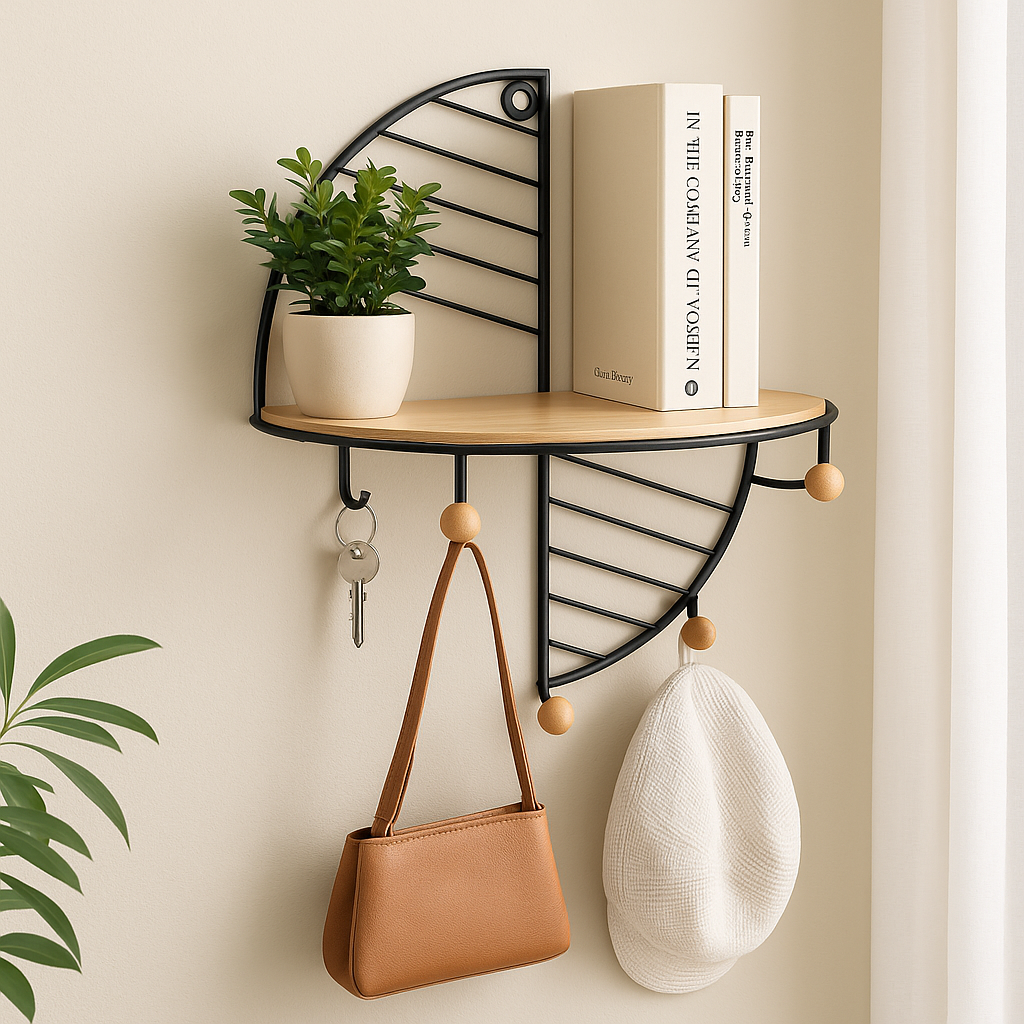 Modern Corner Wall Shelf – Wooden Base with Black Metal Frame & Hooks