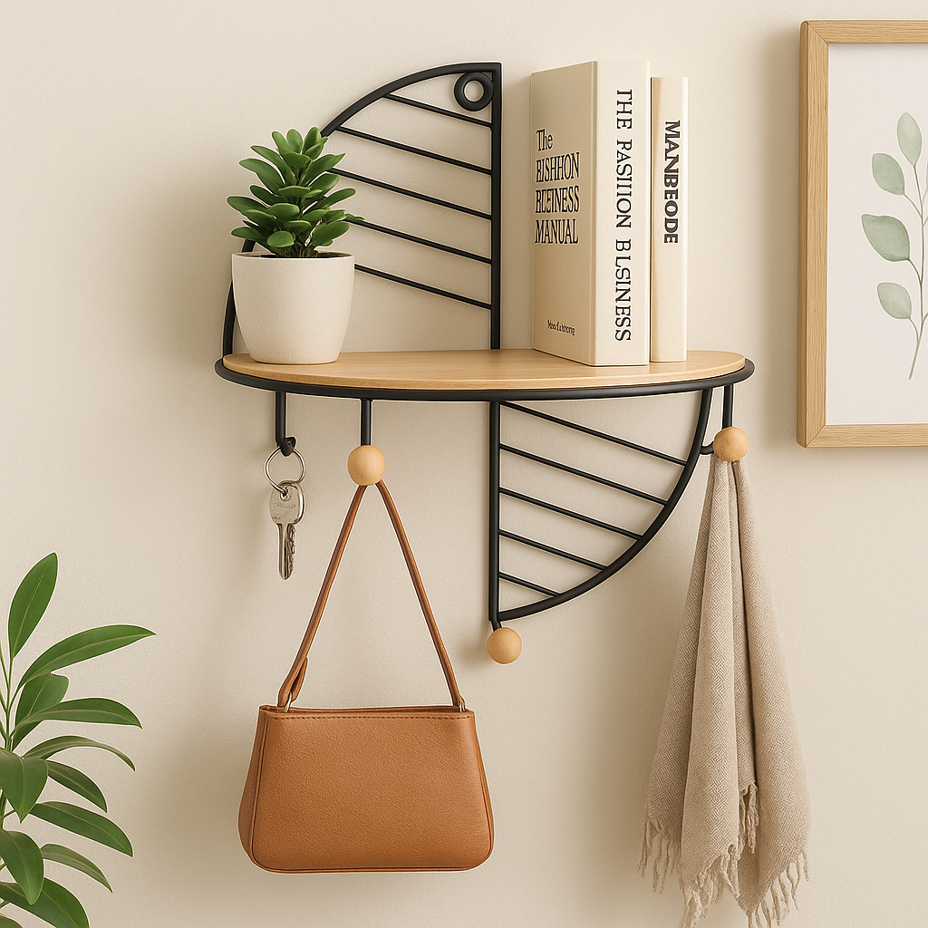 Modern Corner Wall Shelf – Wooden Base with Black Metal Frame & Hooks