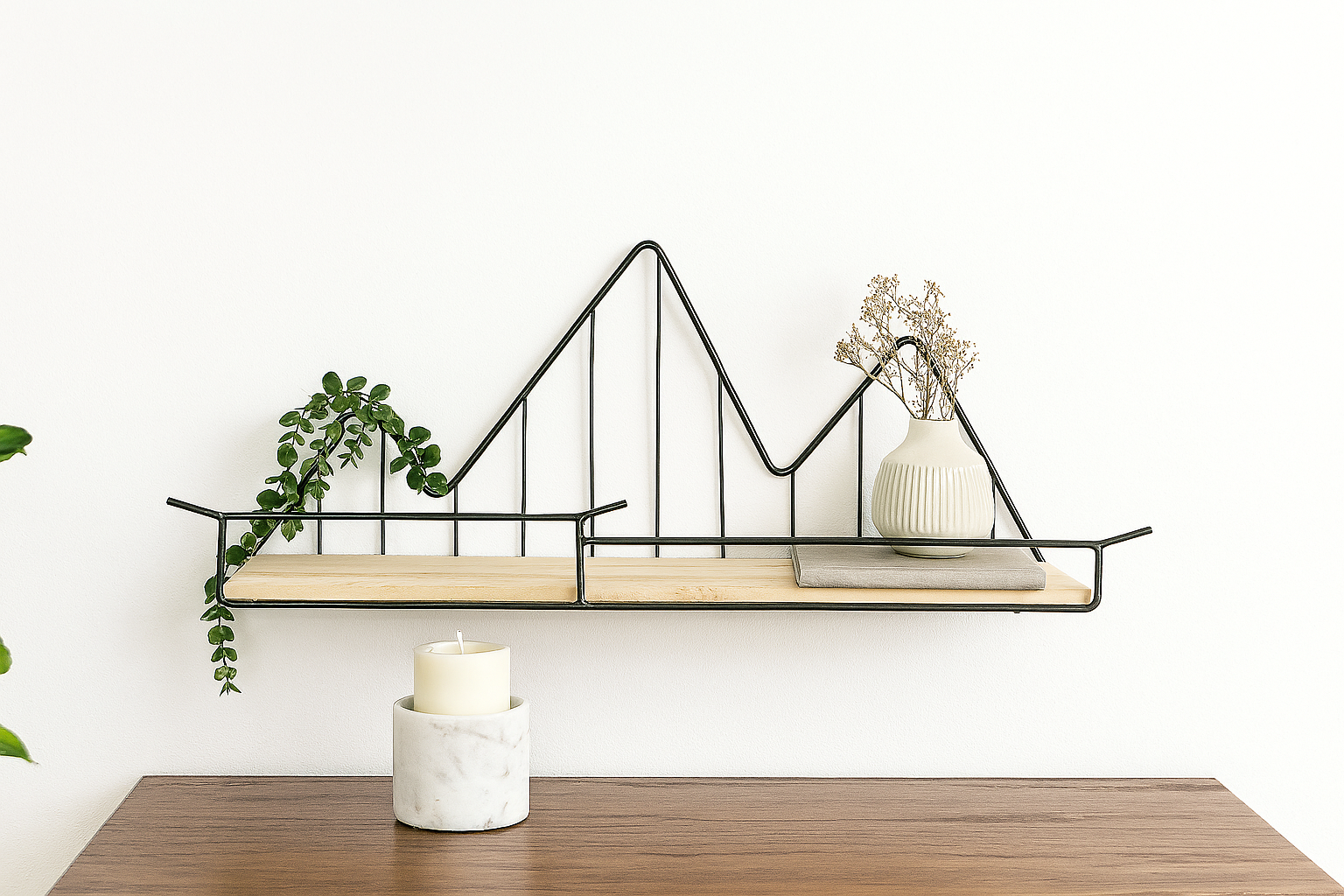 Mountain Design Wall Shelf – Wooden Base with Black Metal Frame
