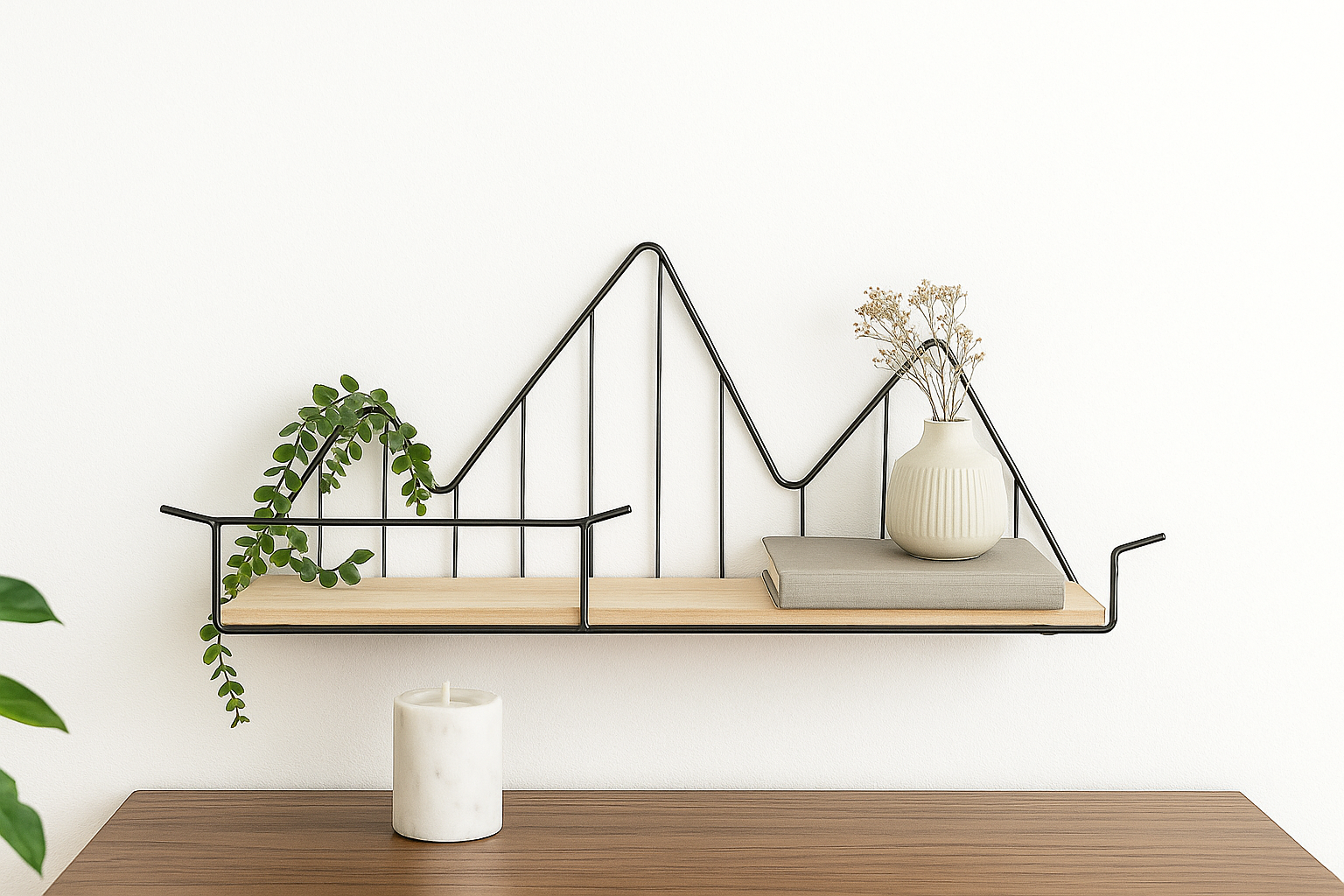 Mountain Design Wall Shelf – Wooden Base with Black Metal Frame