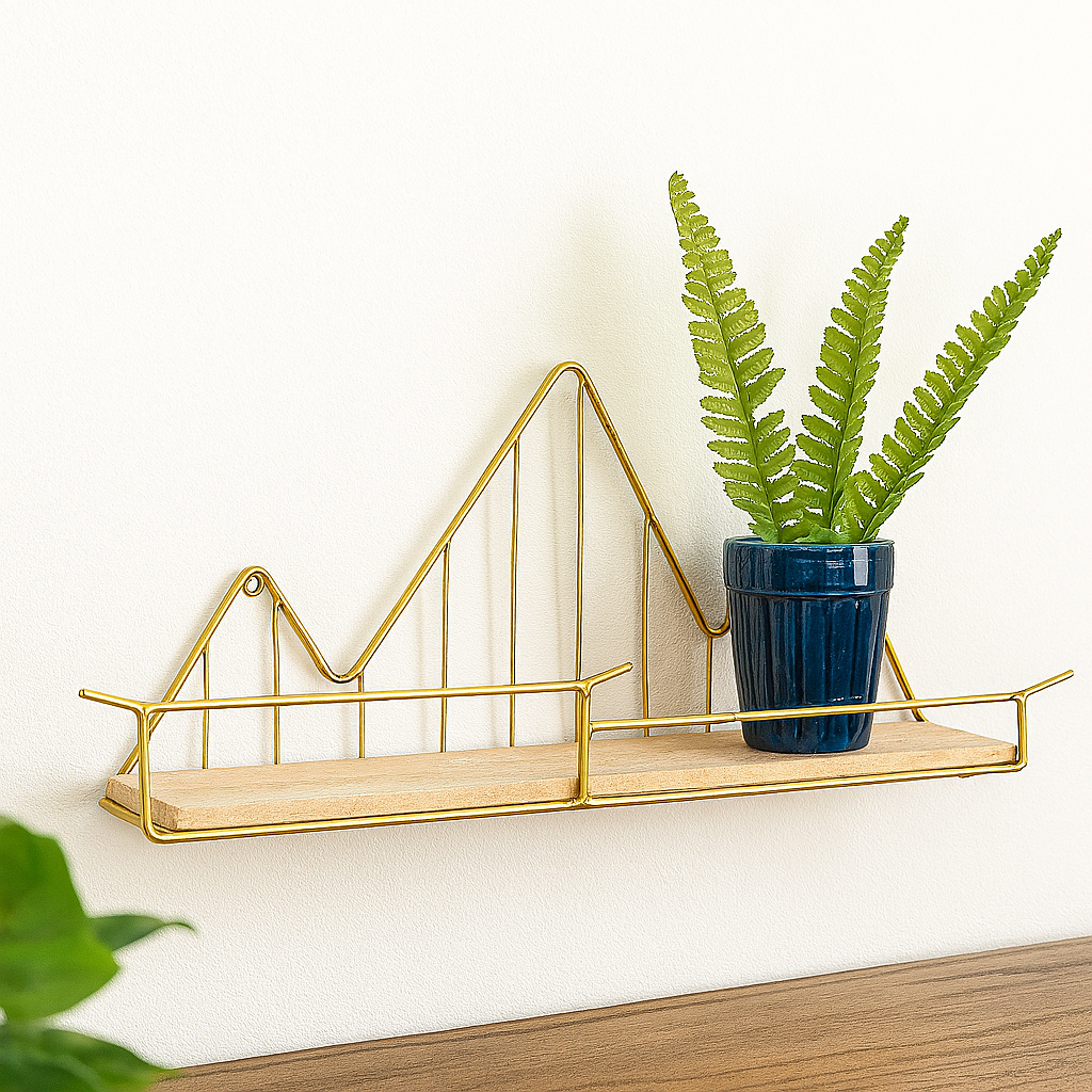 Mountain Design Wall Shelf – Wooden Base with Black Metal Frame