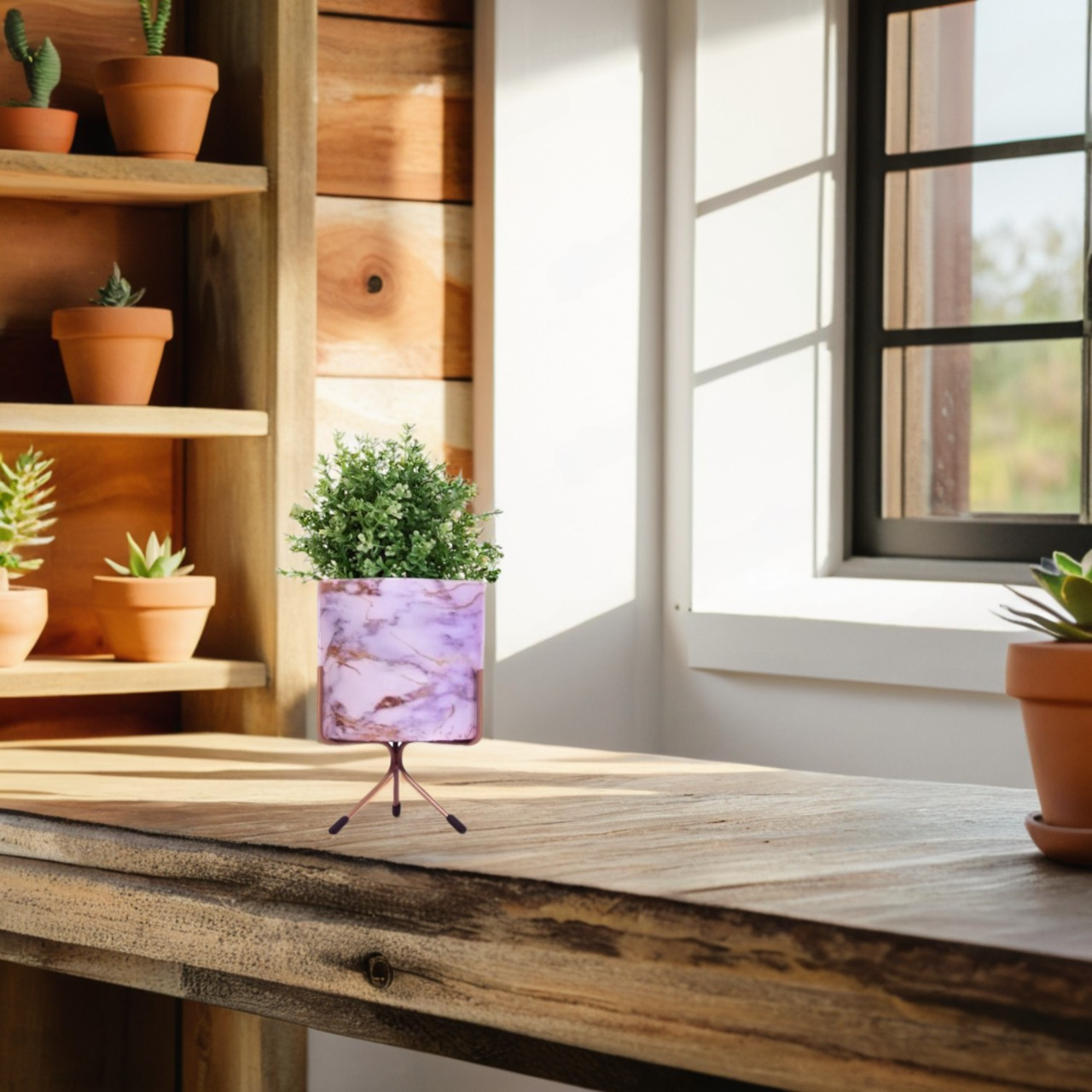 Elegant Round Tabletop Pot - Blue Marble Print with Stand - Nestern