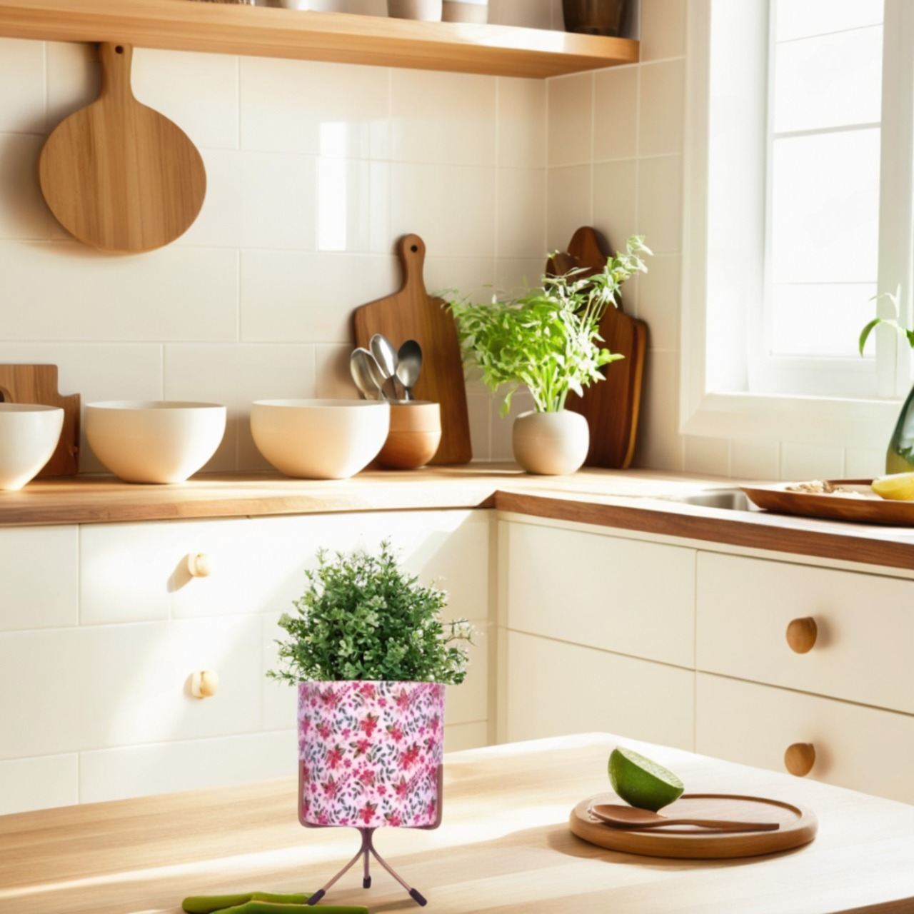 Charming Round Tabletop Pot - Leaf Print Design with Stand - Nestern