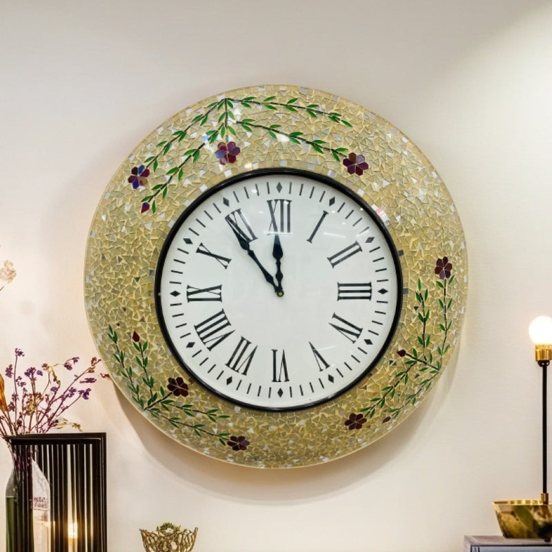 Floral Handcrafted Mosaic Wall Clock with Roman Numerals - Elegant Home Décor - Nestern