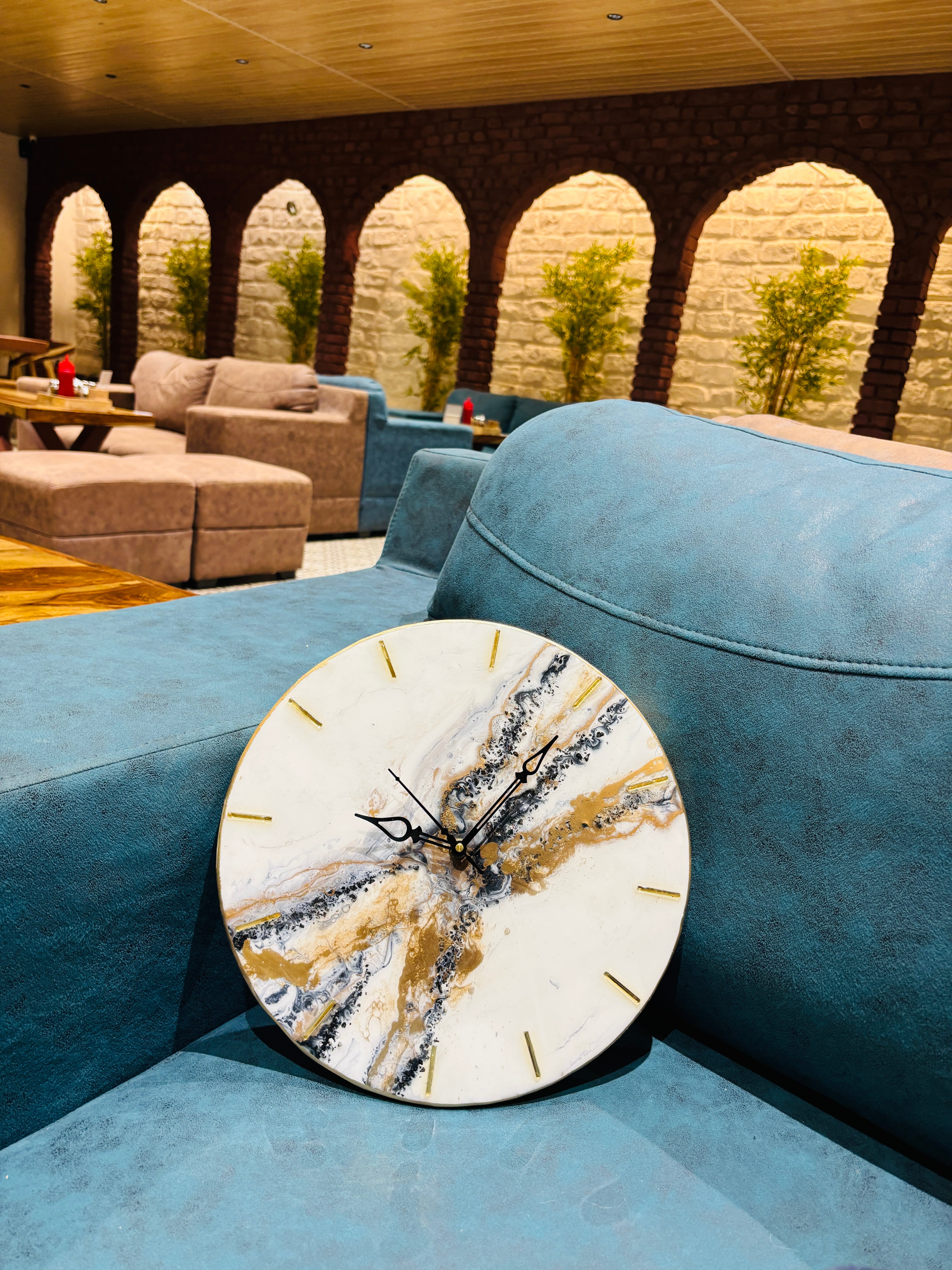 White & Blue Abstract Epoxy Resin Wall Clock, Striking Gold Accents