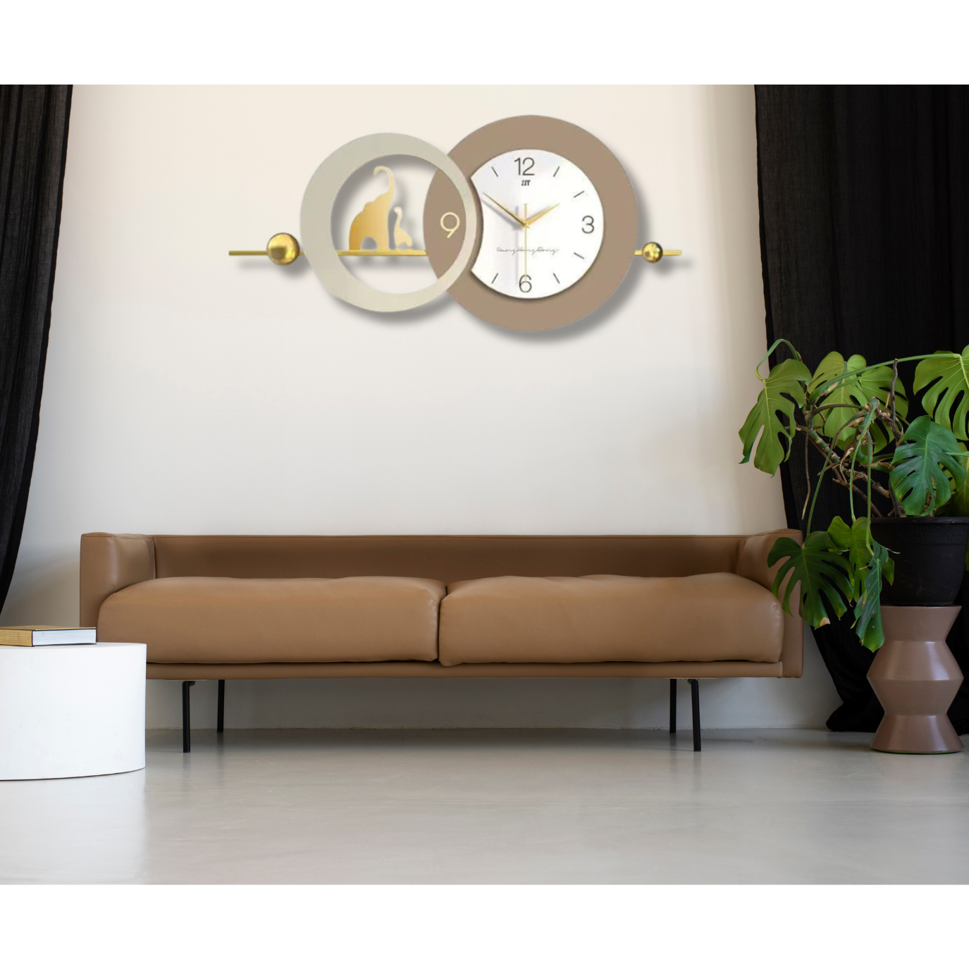 Stylish Wall Clock with Elephant Art – Modern Metal Frame for Living Room & Office Décor
