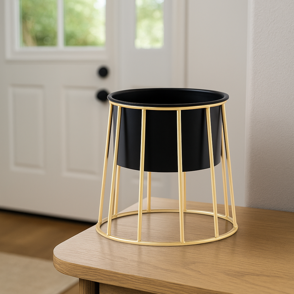 Modern Black Planter with Golden Metal Stand – Stylish Indoor Decor Pot