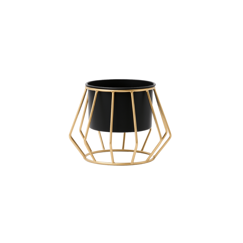 Geometric Gold Metal Stand Planter with Pot – Modern Indoor Plant Holder