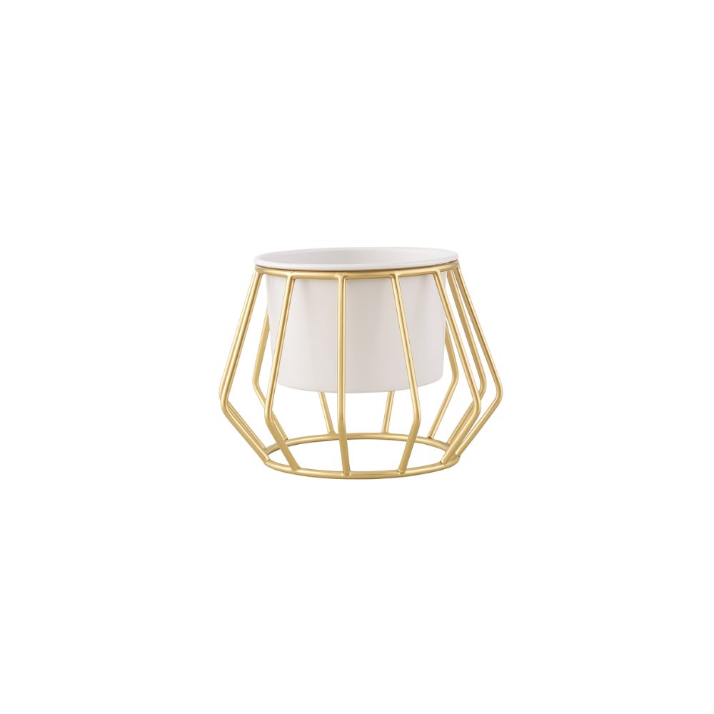 Geometric Gold Metal Stand Planter with Pot – Modern Indoor Plant Holder