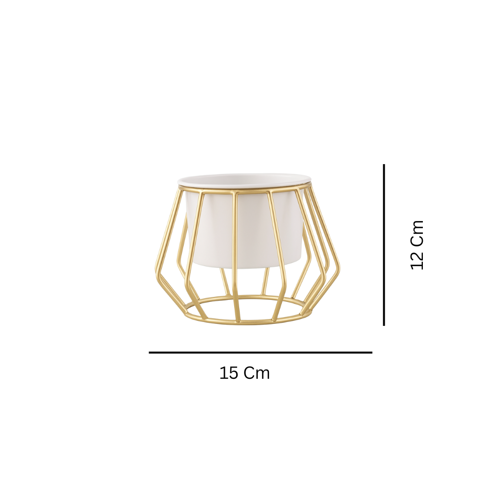 Geometric Gold Metal Stand Planter with Pot – Modern Indoor Plant Holder