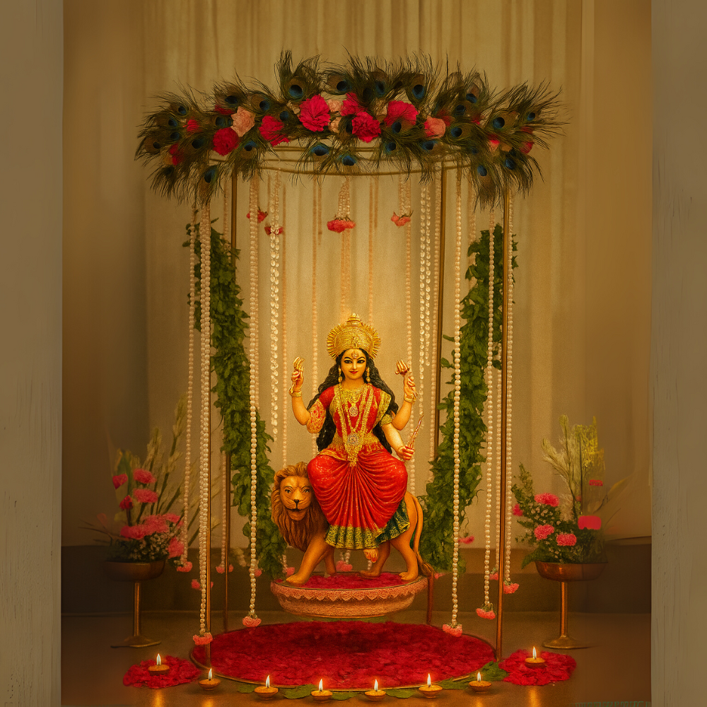 Floral Round Pooja Stand for Moorti Placement Decor