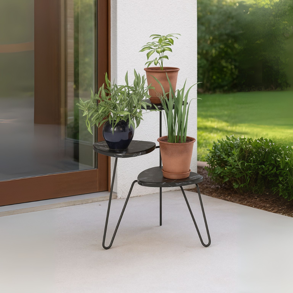Elegant Three-Tier Black Metal Plant Stand For Indoor And Outdoor Decor