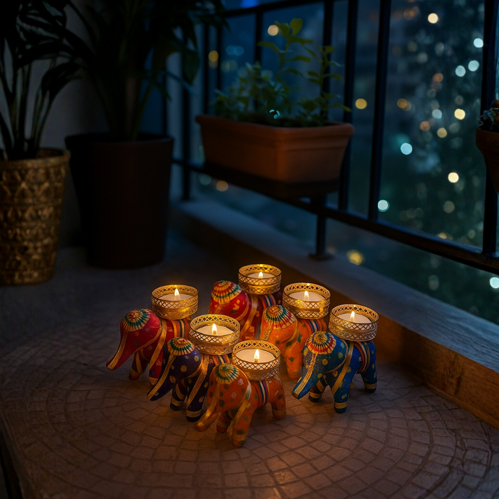 Handcrafted Elephant Tealight Holder — Colorful Home Decor Candle Stand (Set of 6)