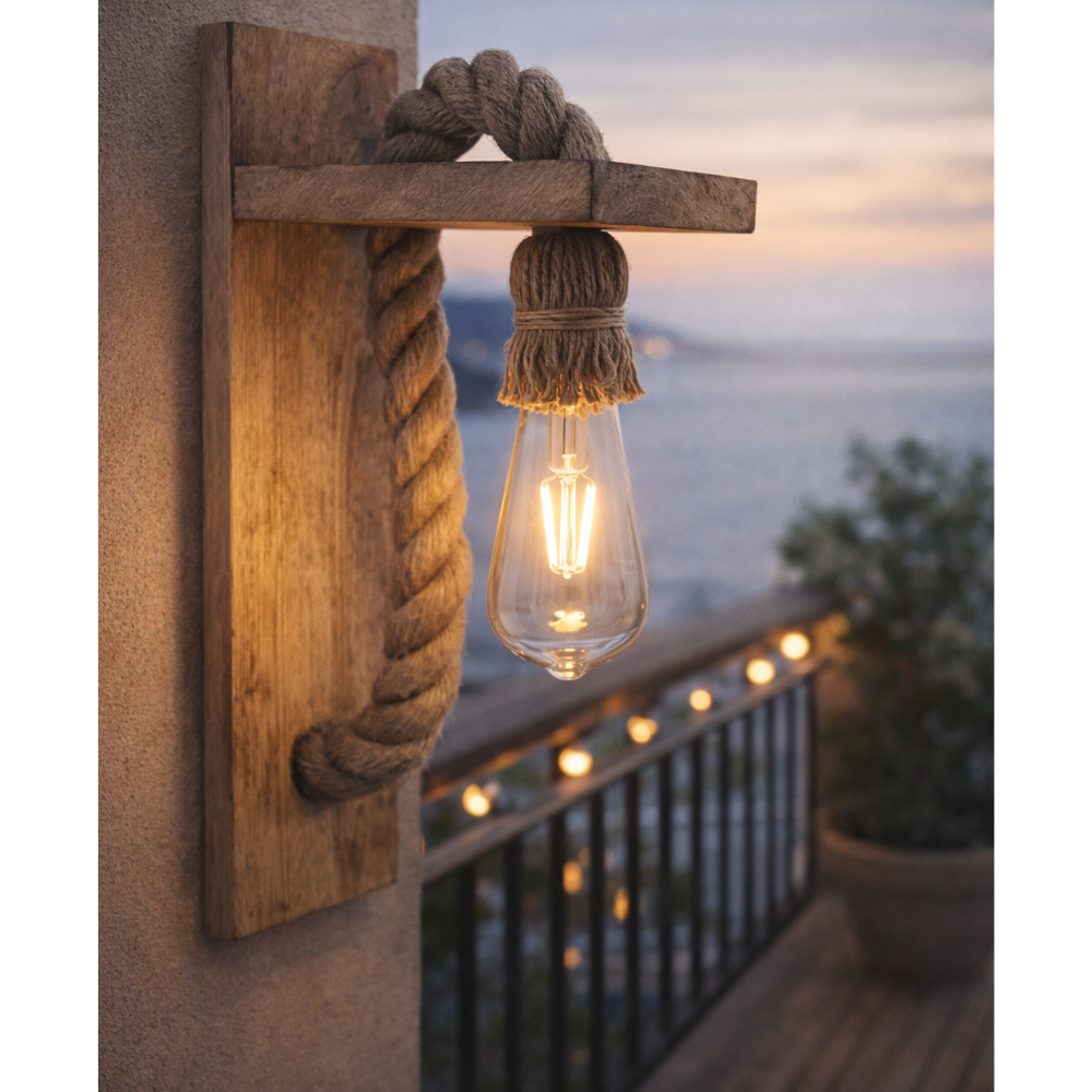 Rustic Wooden Rope Wall Light with Vintage Edison Bulb – Warm Ambient Wall Lamp for Home Decor