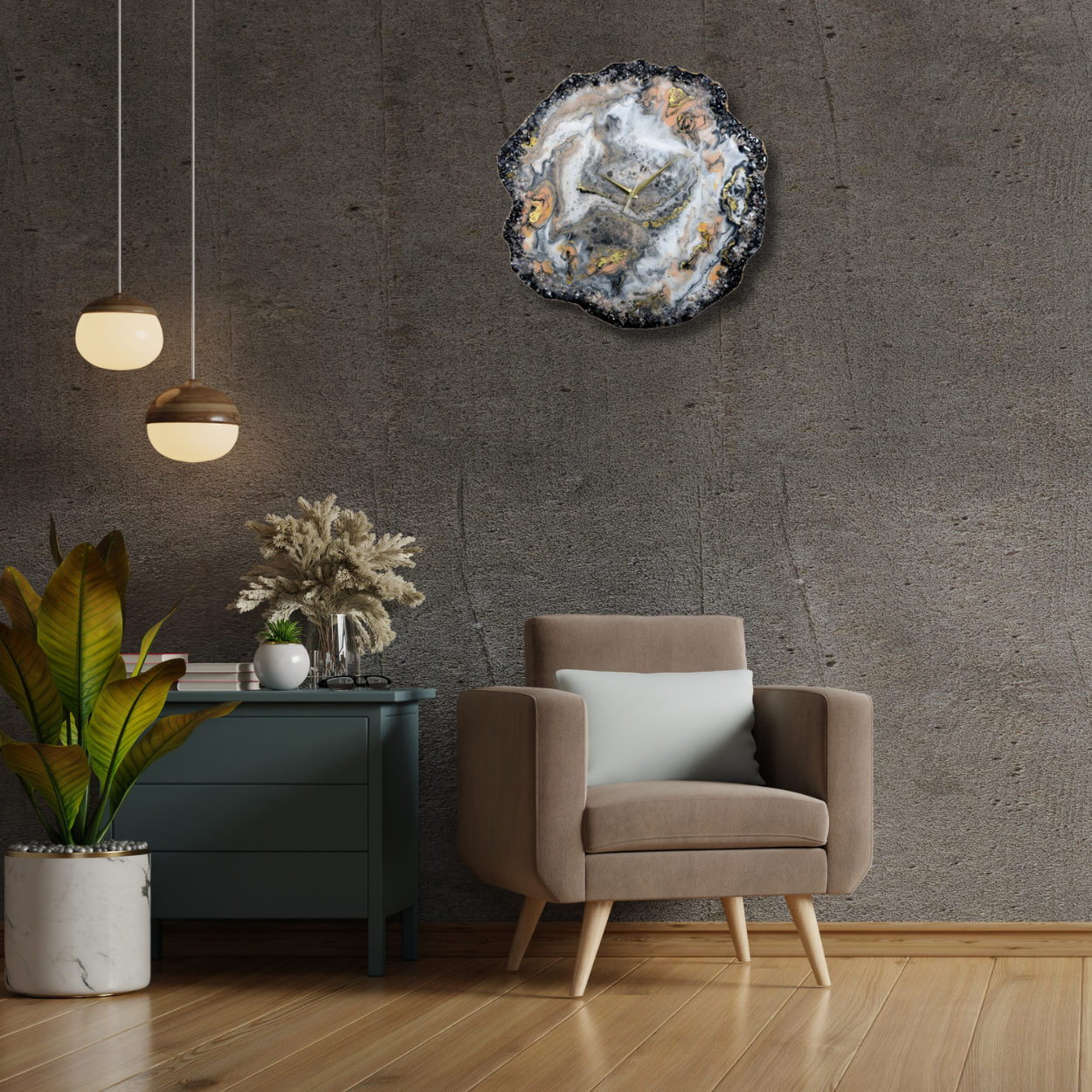 Custom Geode-Inspired Wall Clock with Roman Numerals and Crystal Edge Decor