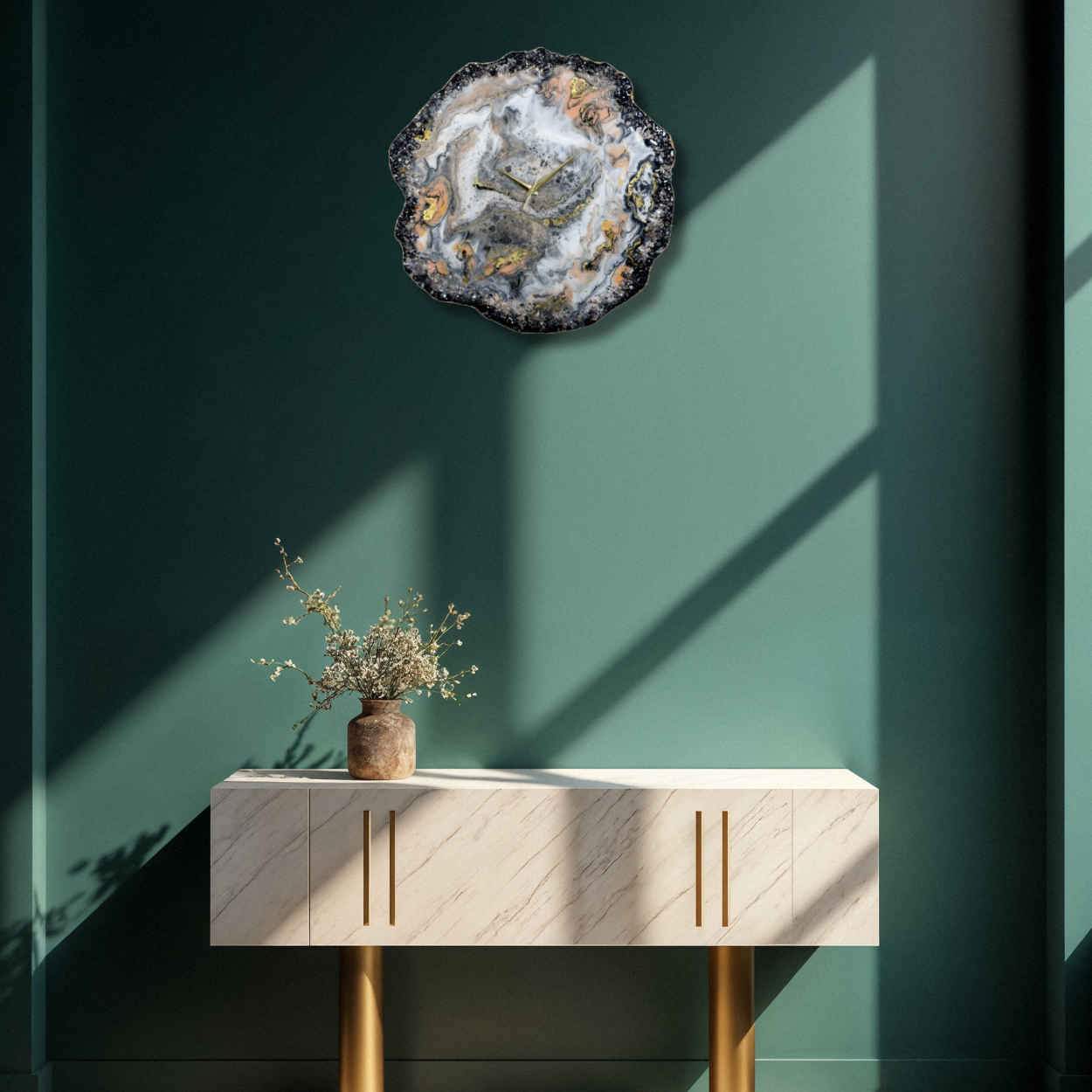 Custom Geode-Inspired Wall Clock with Roman Numerals and Crystal Edge Decor