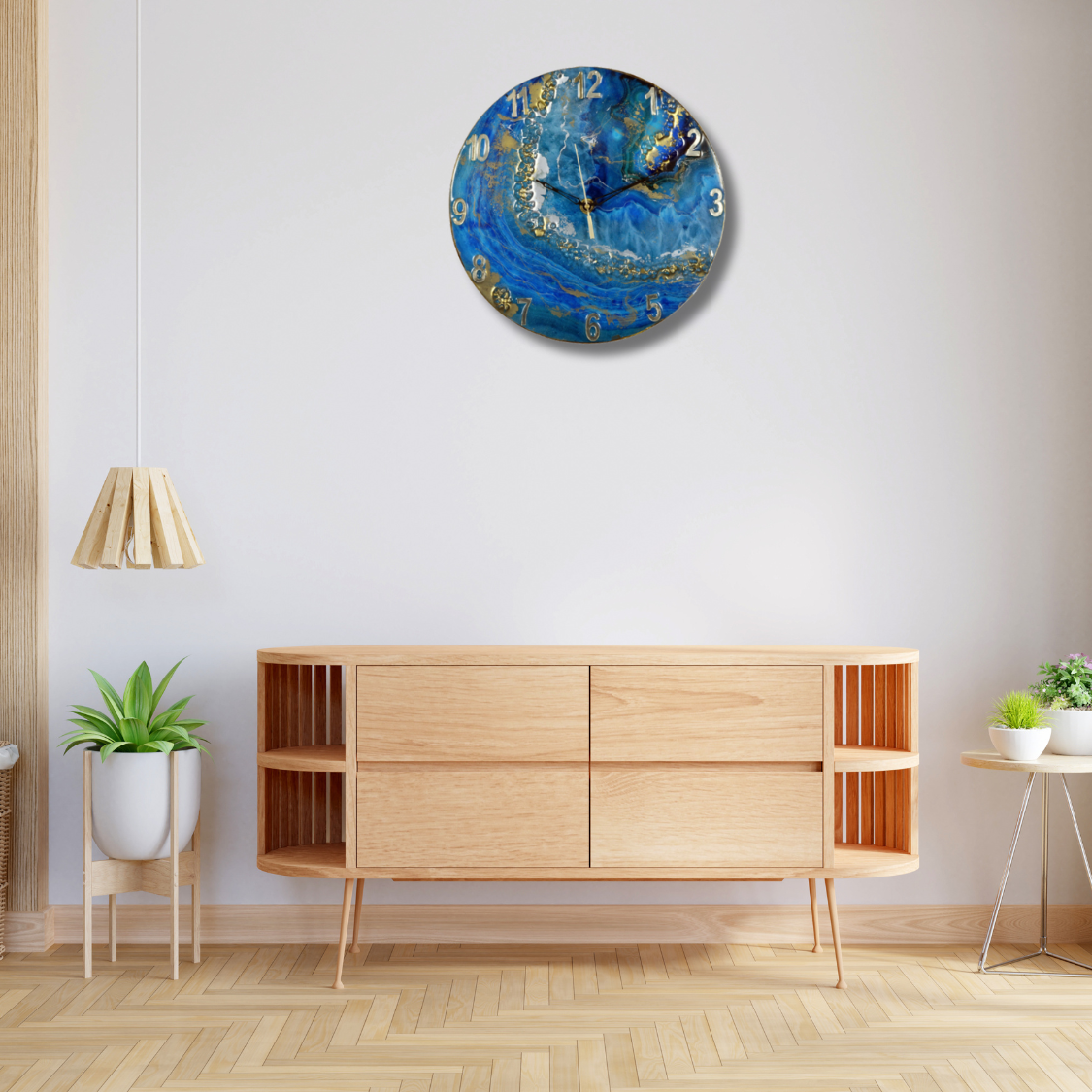 Exquisite Blue-Green & Brown Wall Clock with Natural Stone Sculpture