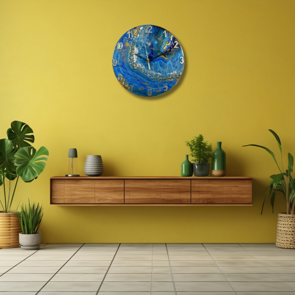 Exquisite Blue-Green & Brown Wall Clock with Natural Stone Sculpture