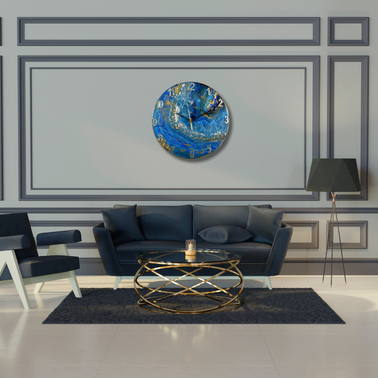 Exquisite Blue-Green & Brown Wall Clock with Natural Stone Sculpture