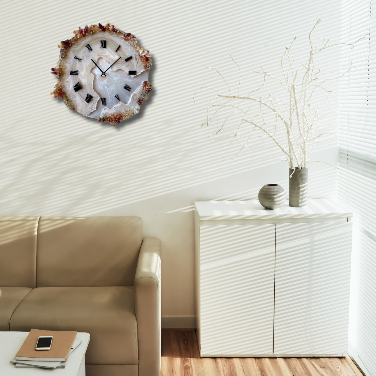 Brown Wall Clock with Natural Stone Sculpture – White & Brown Agate