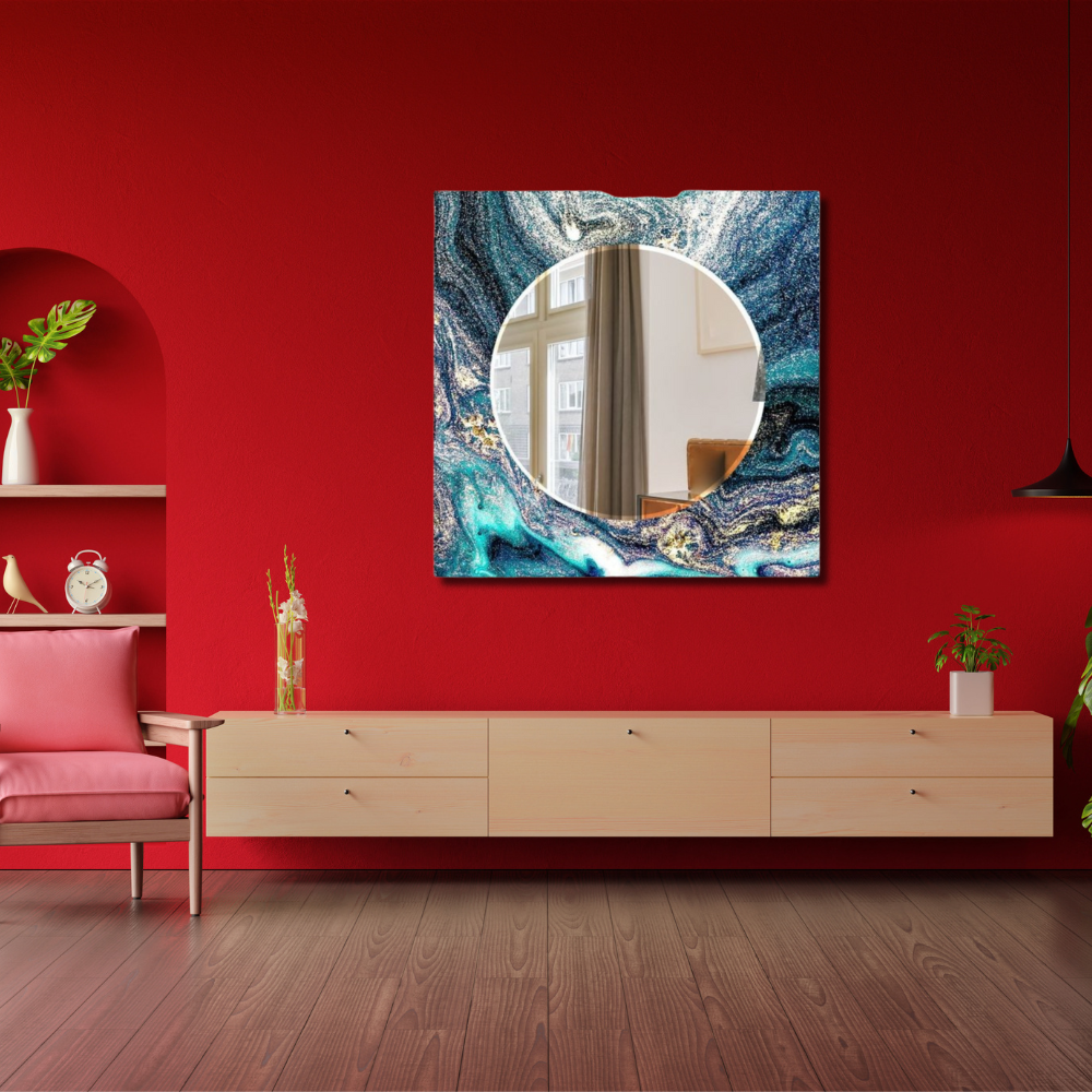 Blue Framed Square Mirror with Circular Center – Elegant and Unique