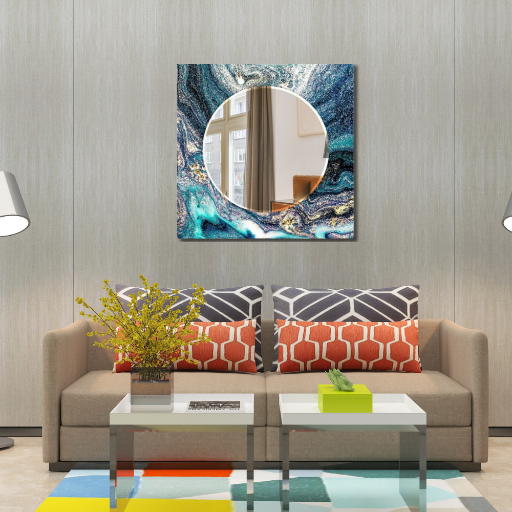 Blue Framed Square Mirror with Circular Center – Elegant and Unique