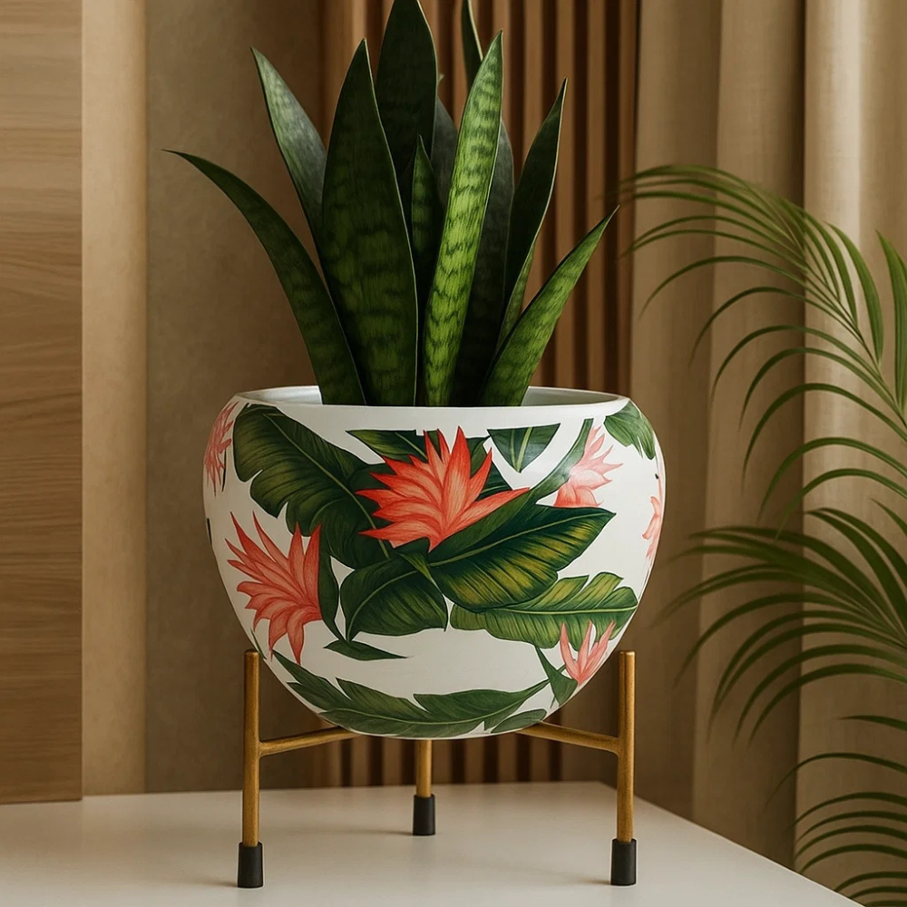 Elegant 5" Orchid Pot - Green Leaf Print Design with Stand